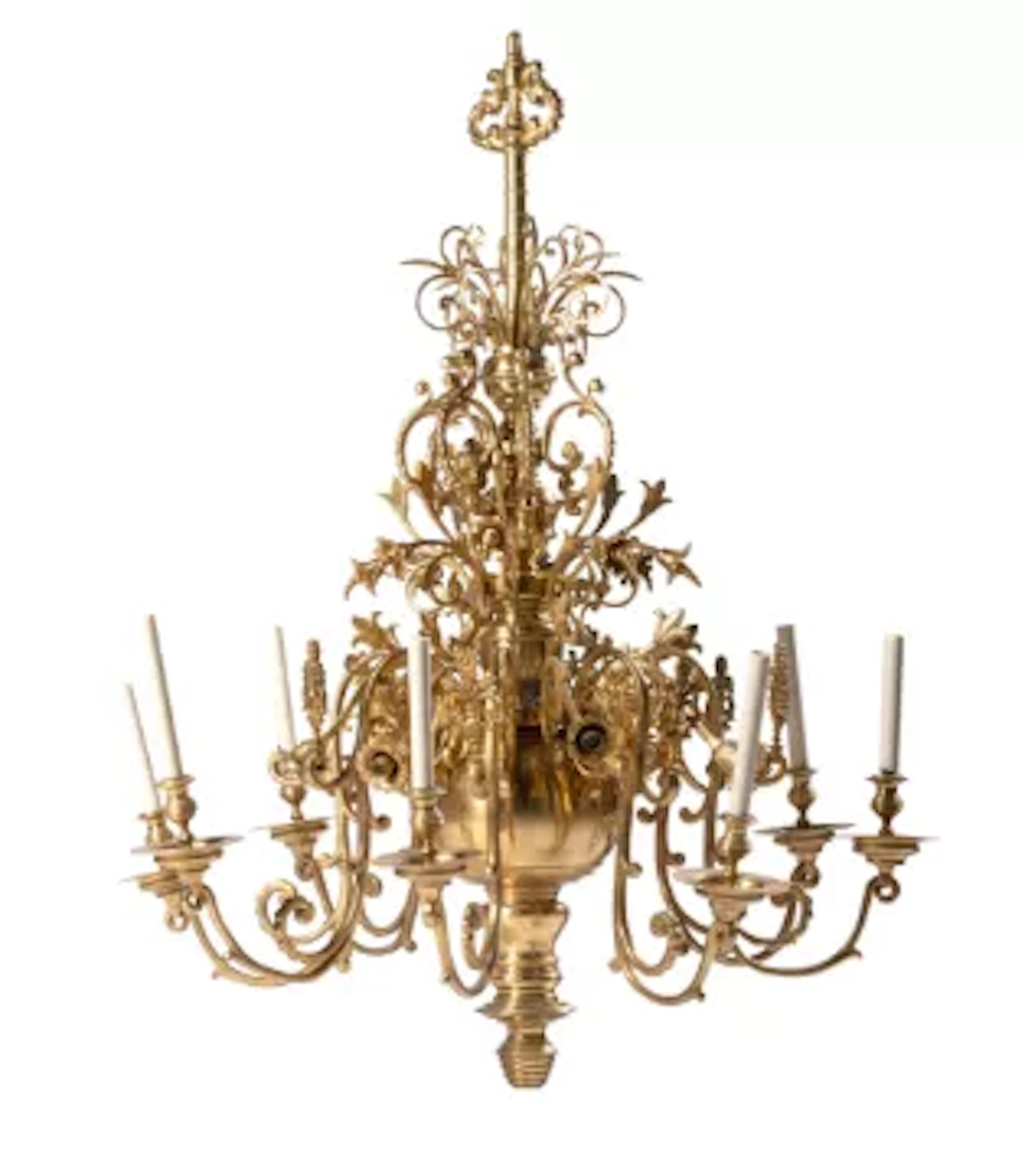 A SIXTEEN LIGHT BRASS CHANDELIER, IN 18TH CENTURY DUTCH STYLE, PROBABLY