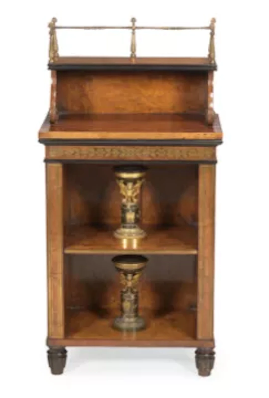 A REGENCY AMBOYNA AND BRASS MARQUETRY OPEN BOOKCASE, ATTRIBUTED TO