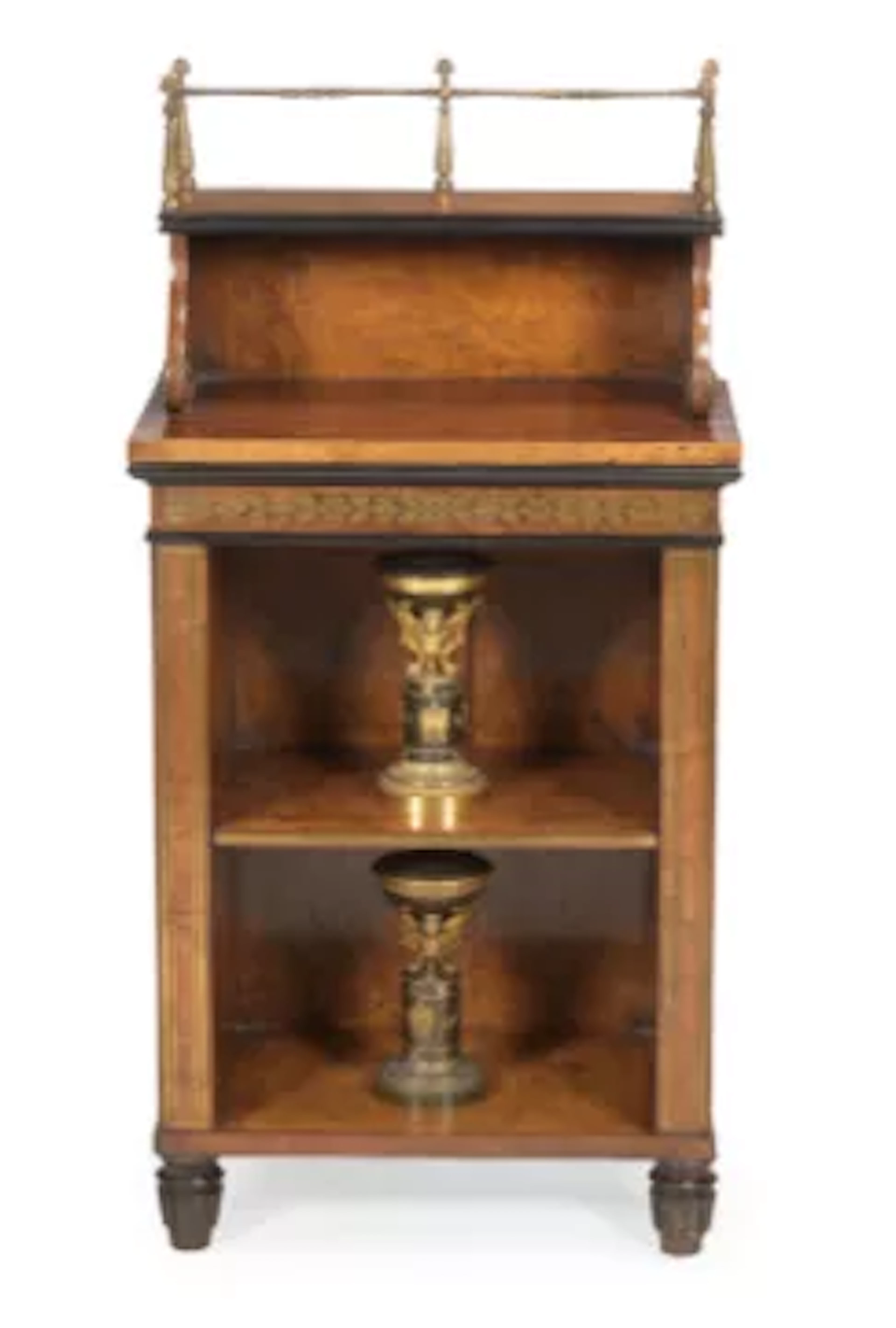 A REGENCY AMBOYNA AND BRASS MARQUETRY OPEN BOOKCASE, ATTRIBUTED TO