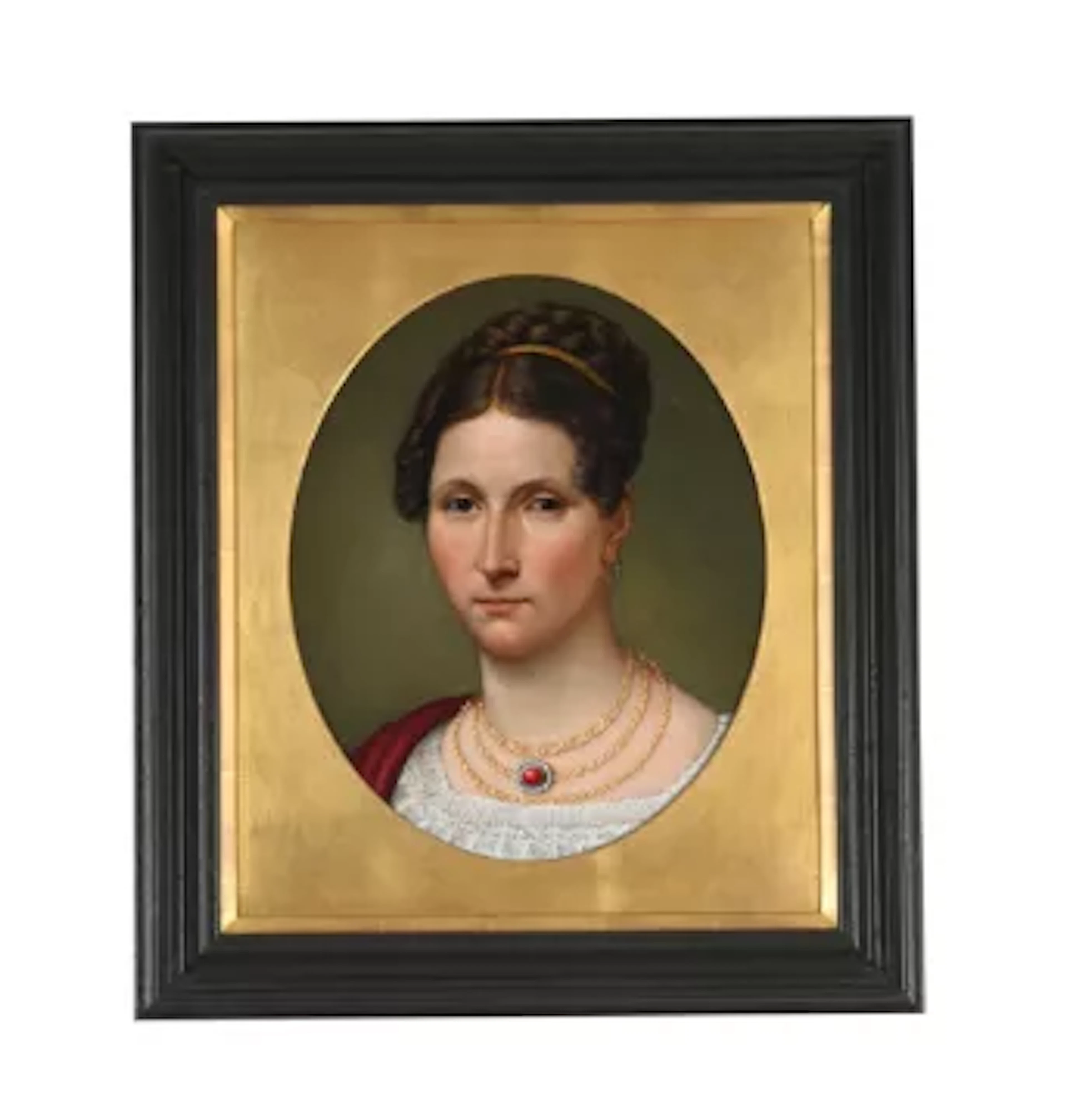 FRENCH SCHOOL (EARLY 19TH CENTURY). PORTRAIT OF A LADY WITH A RED PENDANT