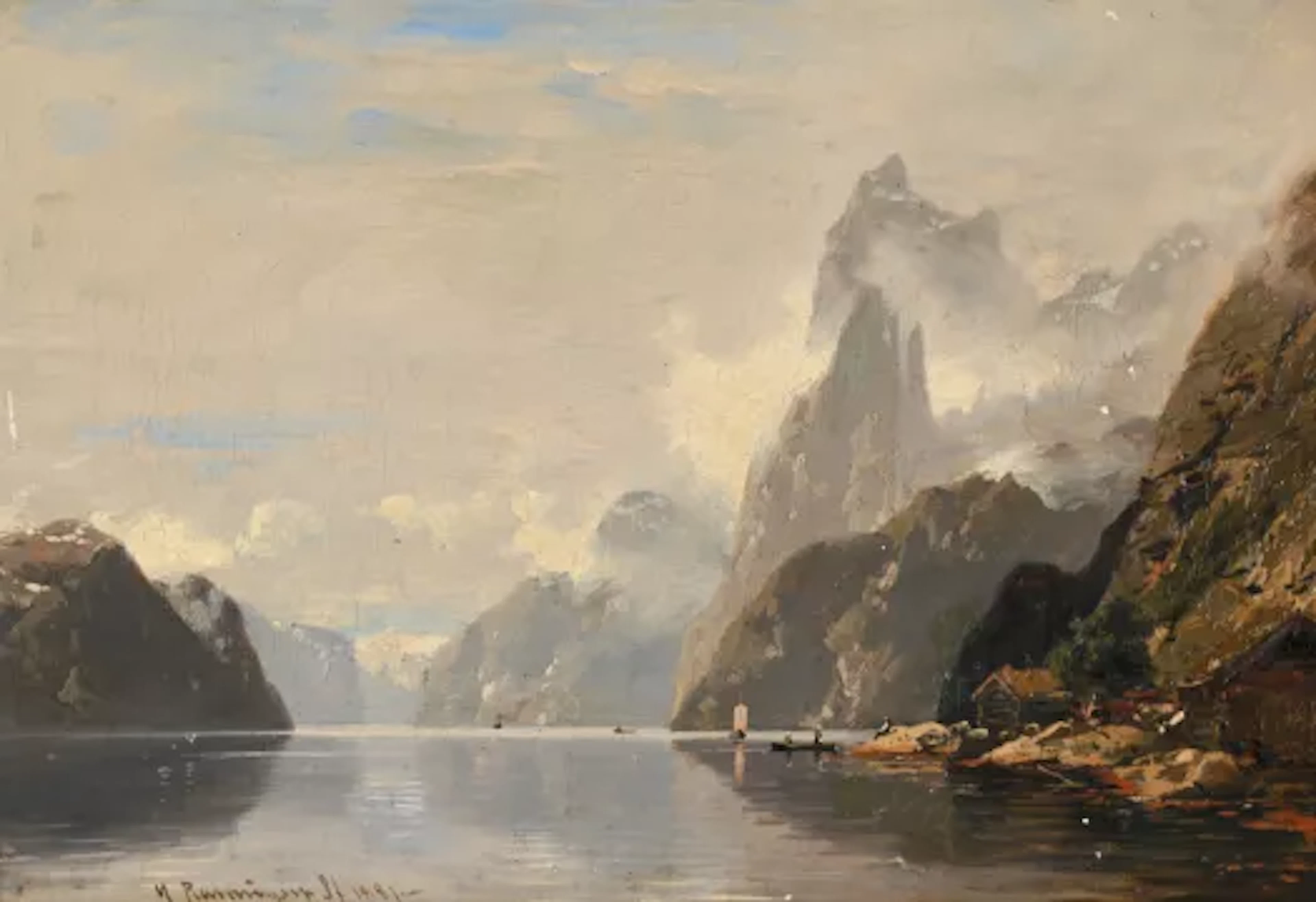 GEORG ANTON RASMUSSEN (NORWEGIAN 1842-1914), COTTAGES ALONGSIDE A FJORD