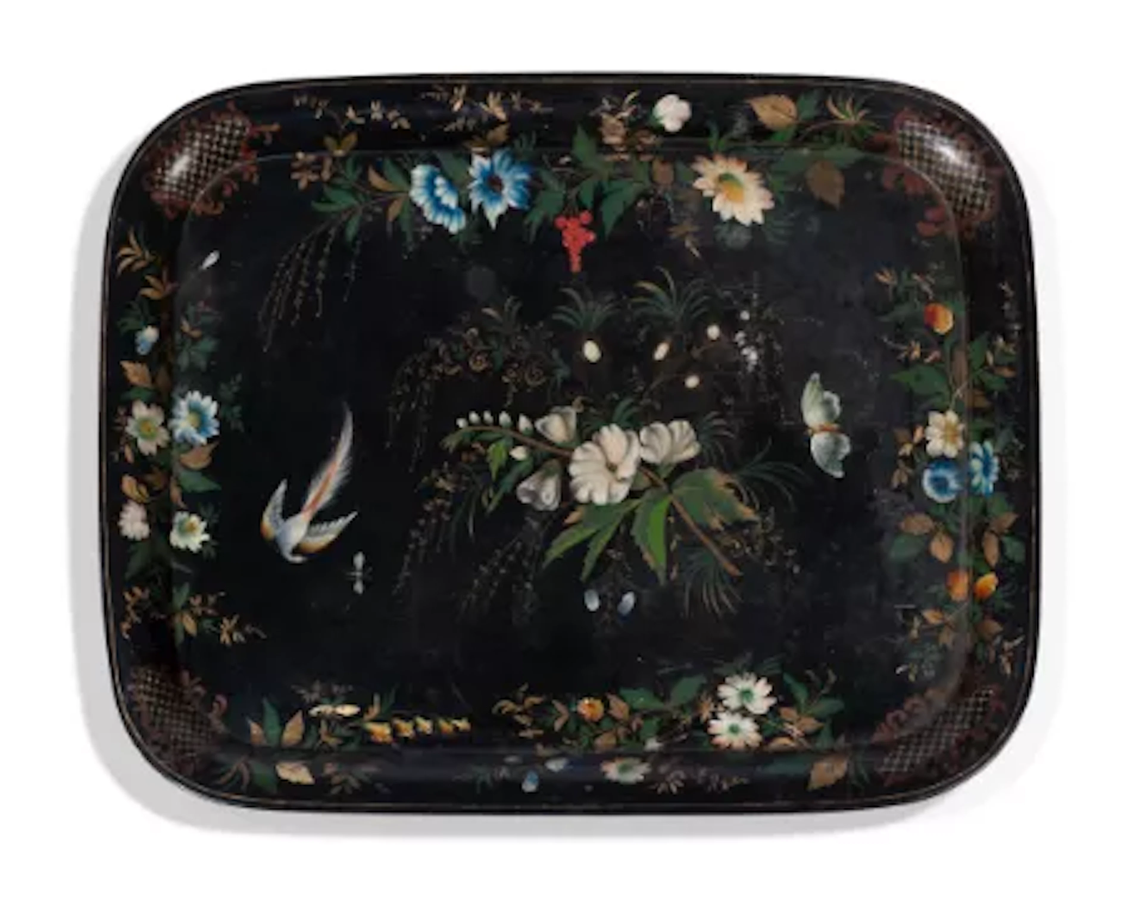 A VICTORIAN BLACK JAPANNED TOLE TRAY, SECOND HALF 19TH CENTURY