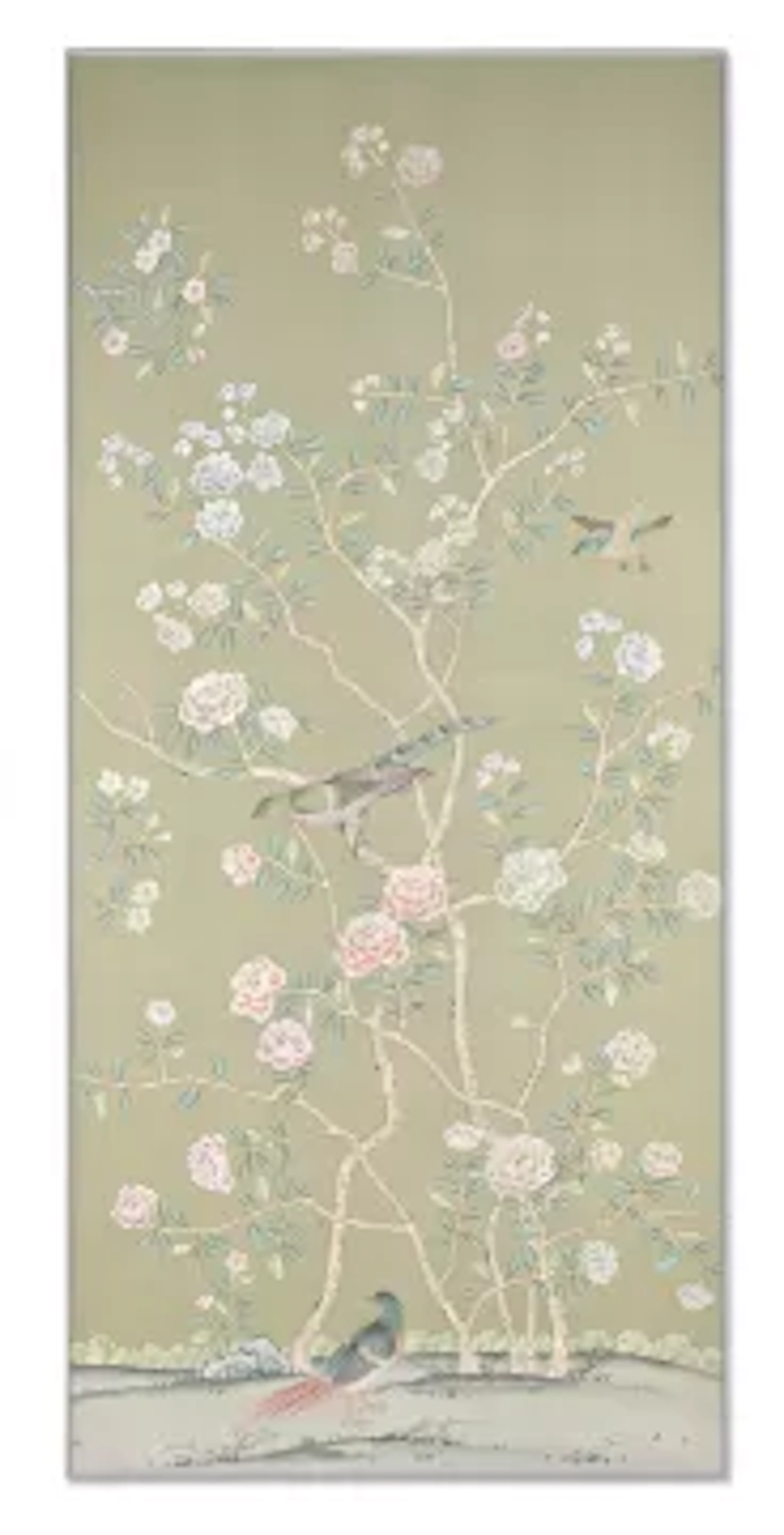 AN 'EARLHAM' CHINOISERIE PATTERN PANEL HAND-PAINTED ONTO BLUE GREY