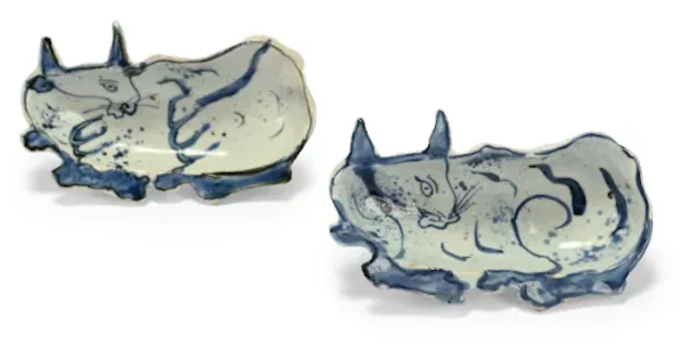 A pair of Chinese blue and white ko-sometsuke 'buffalo' sweetmeat