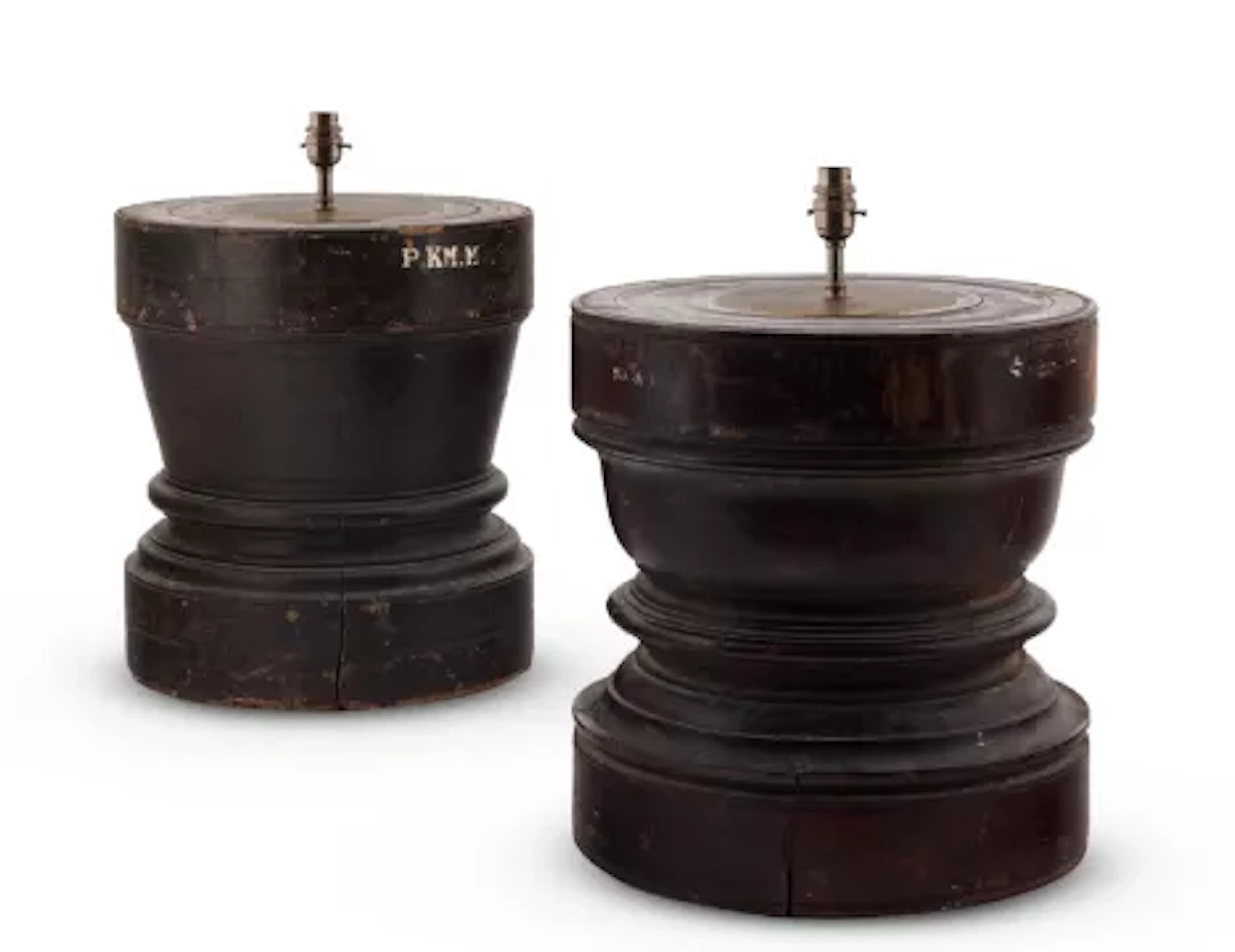 TWO BLACK PAINTED HARDWOOD MORTAR TABLE LAMPS, INDIAN, EARLY 20TH CENTURY