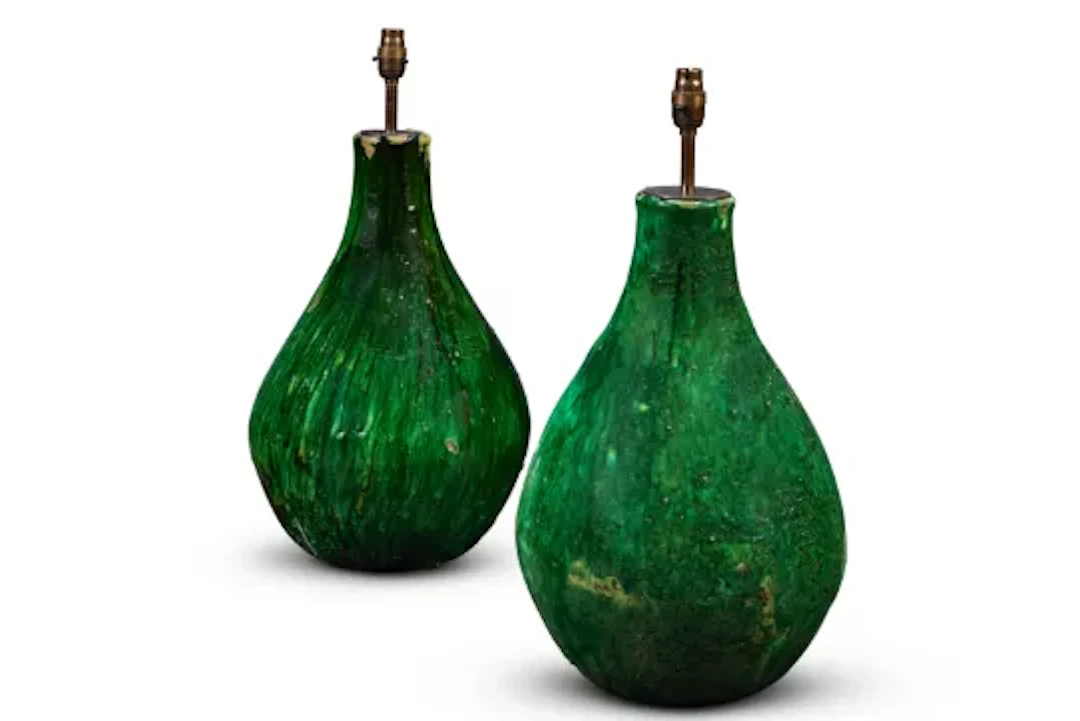 A PAIR OF GREEN GLAZED EARTHENWARE TABLE LAMPS, LATE 20TH CENTURY