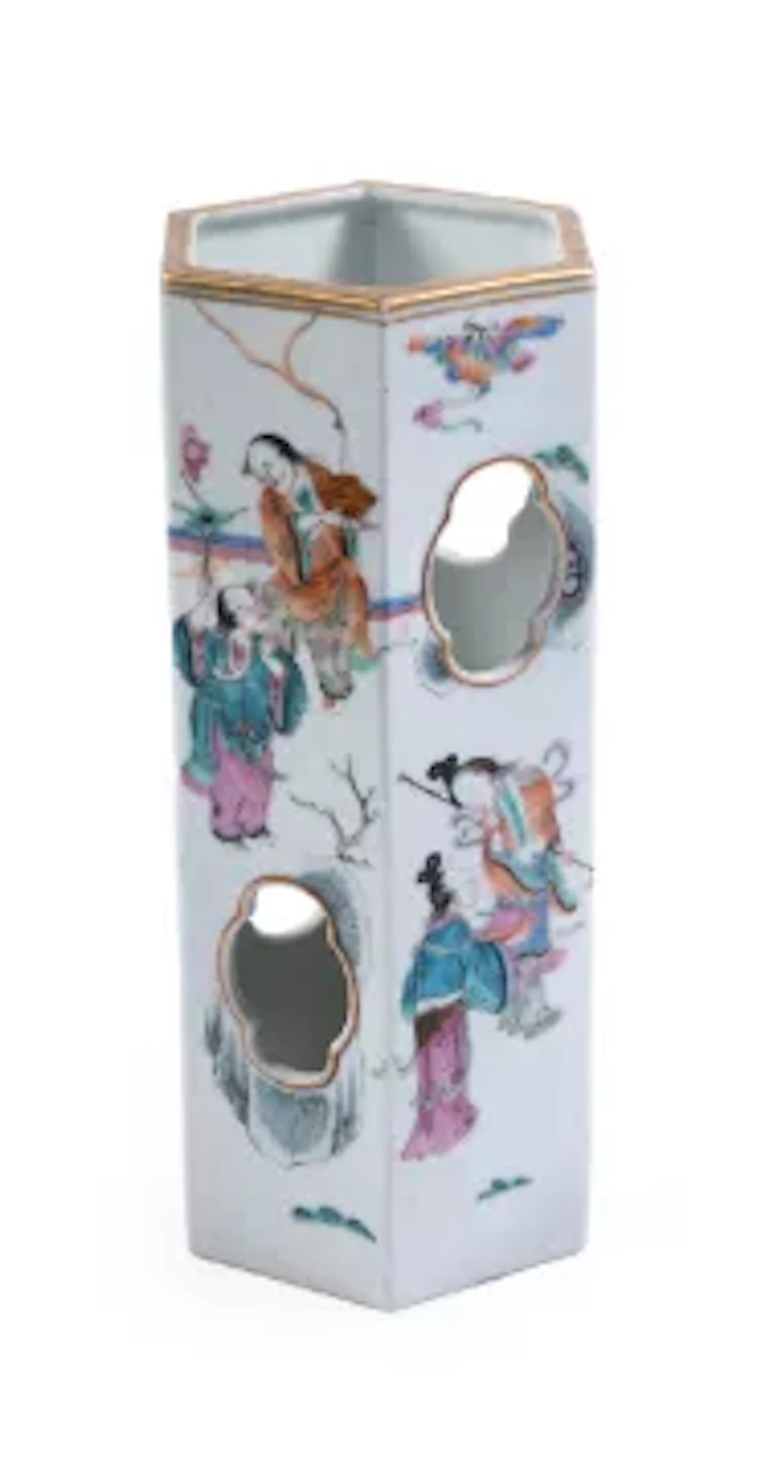 A CHINESE FAMILLE ROSE PORCELAIN HEXAGONAL SECTION HAT STAND, LATE 19TH CENTURY