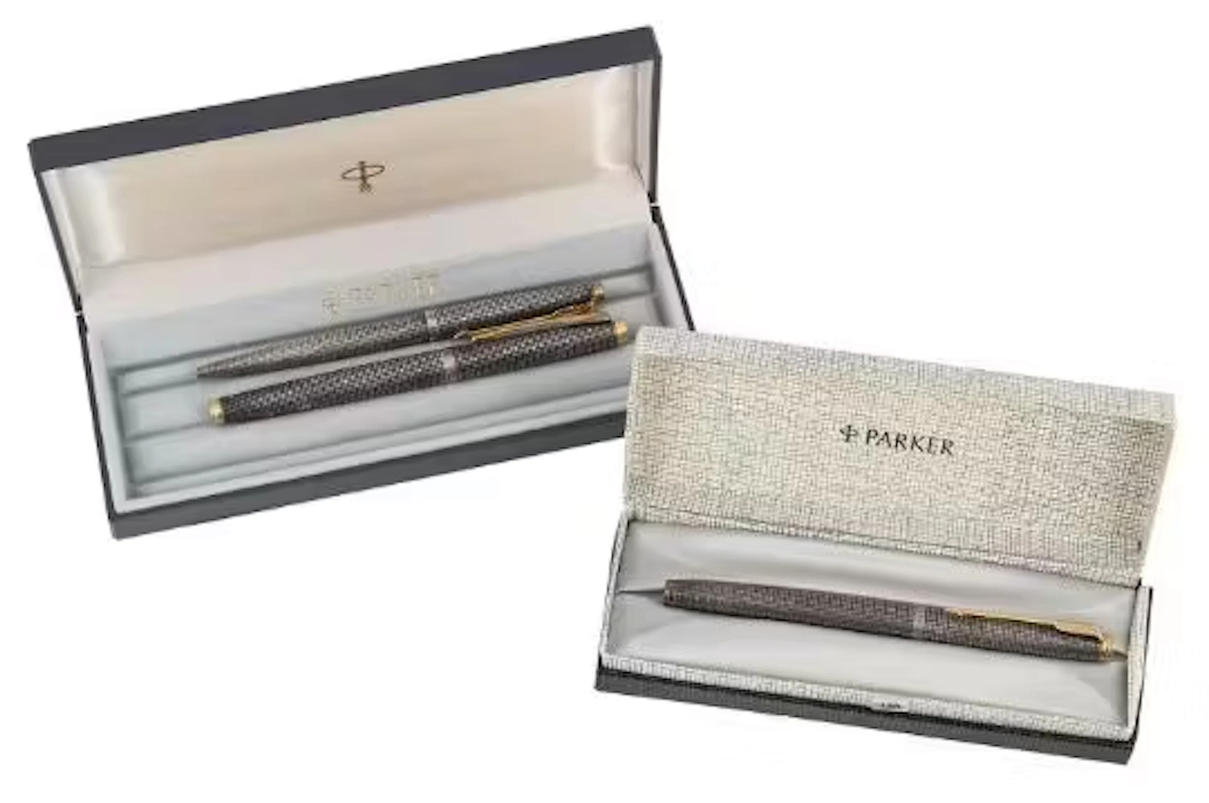 PARKER, CISELE, TWO SILVER FOUNTAIN PENS AND A BALLPOINT PEN