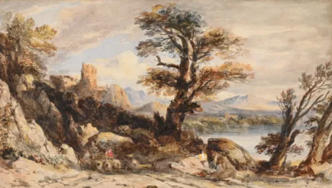 JOHN VARLEY, O.W.S. (BRITISH 1778-1842), DROVERS ON A ROAD, A RUINED