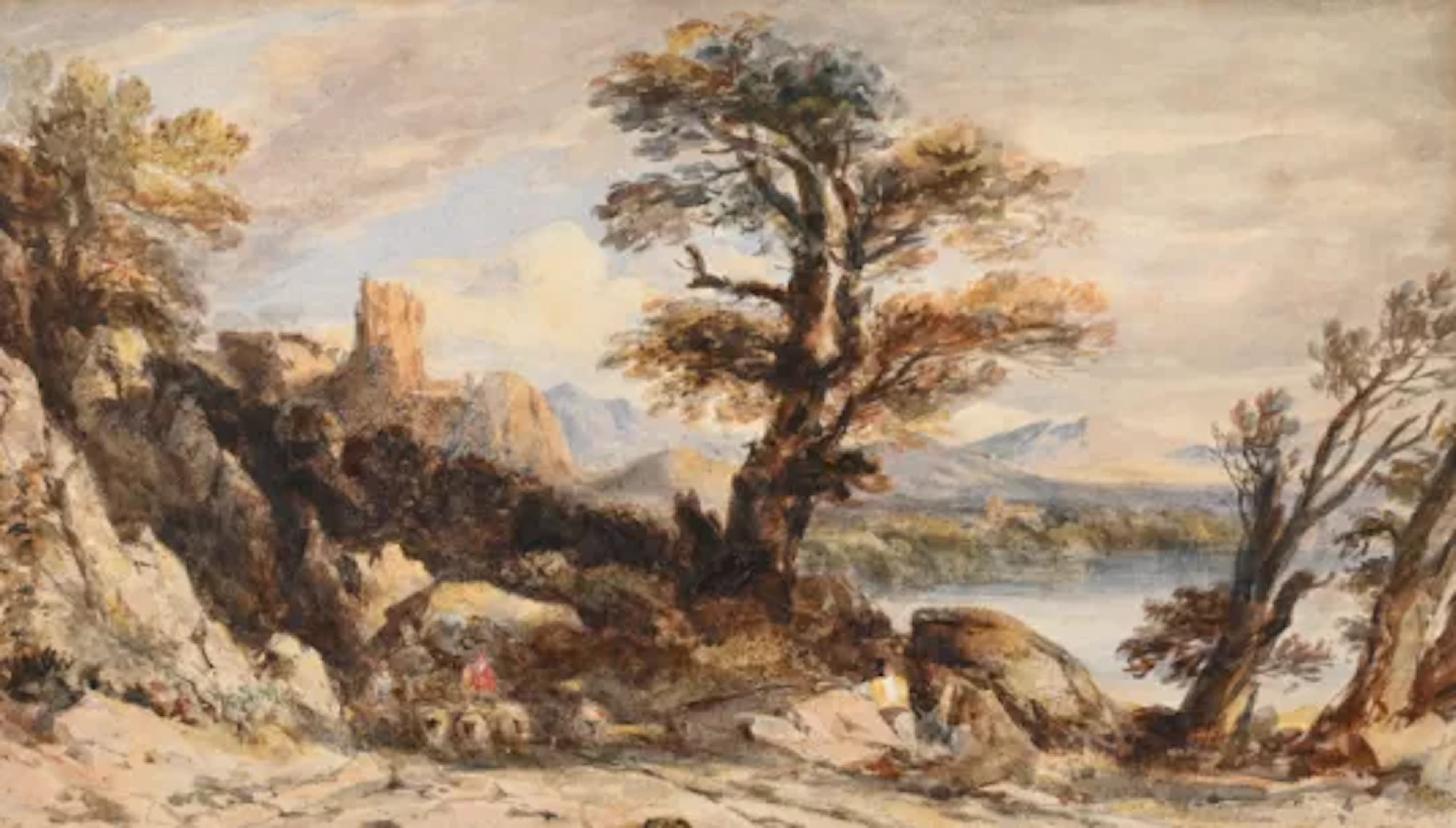 JOHN VARLEY, O.W.S. (BRITISH 1778-1842), DROVERS ON A ROAD, A RUINED