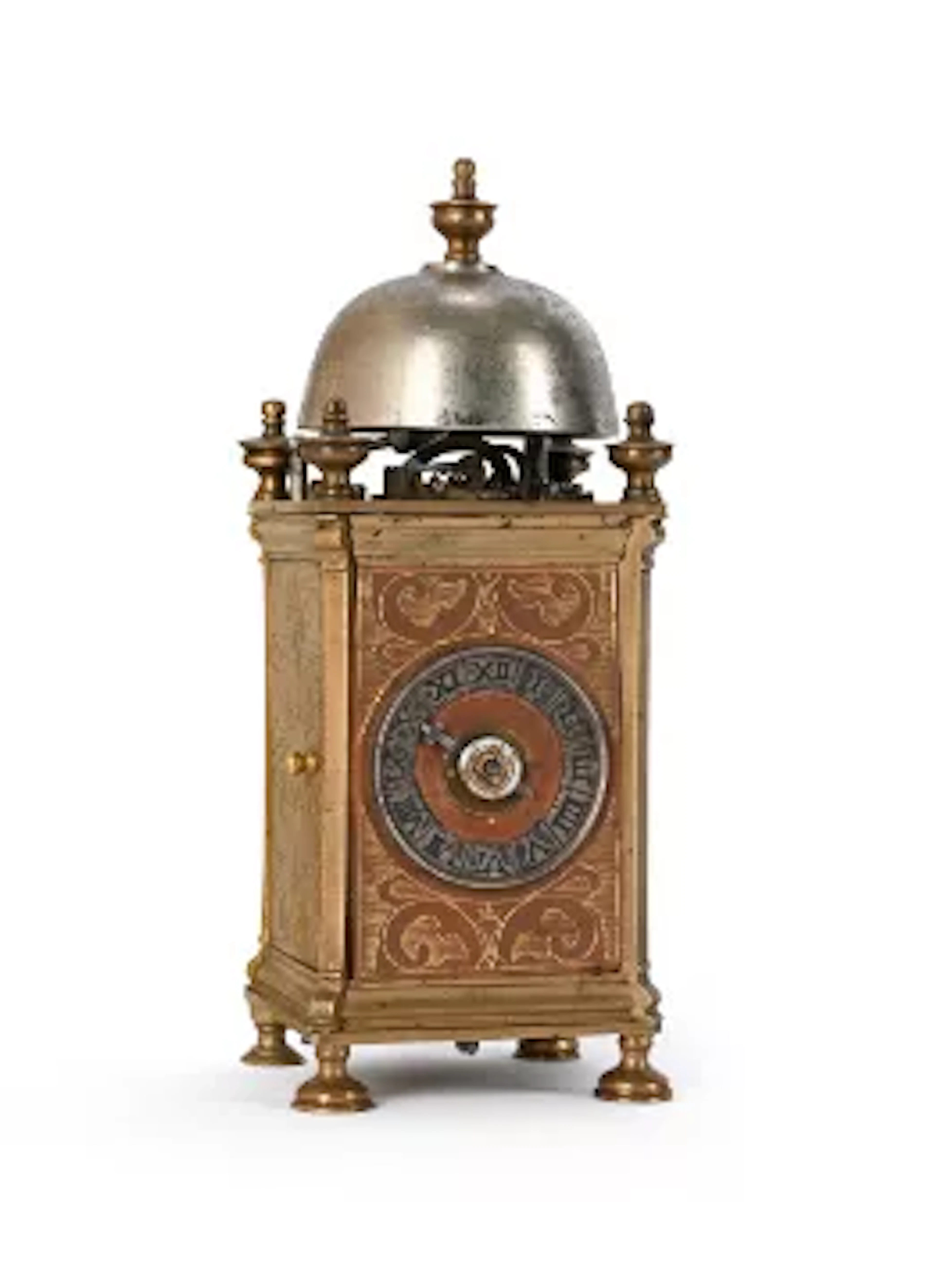 A RARE NORTHERN ITALIAN BRASS MINIATURE WEIGHT-DRIVEN CHAMBER CLOCK
