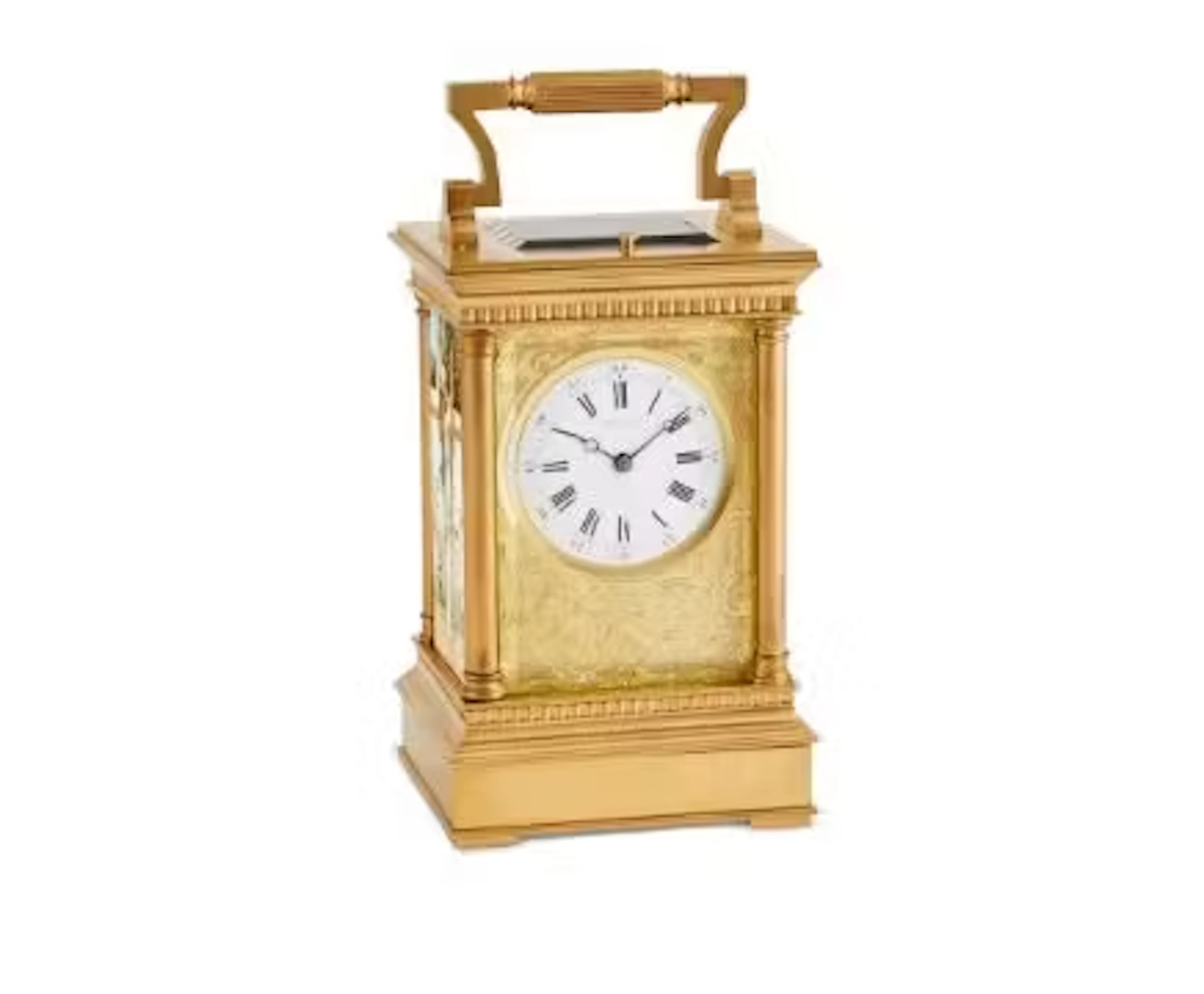 A FRENCH GILT ANGLAISE CASED REPEATING CARRIAGE CLOCK WITH FINE FIGURAL