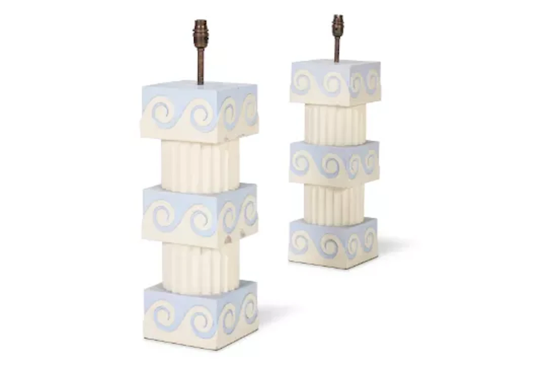 A PAIR OF BLUE AND WHITE PAINTED COLUMN TABLE LAMPS, BY ANDREW ALLFREE (B.1956)