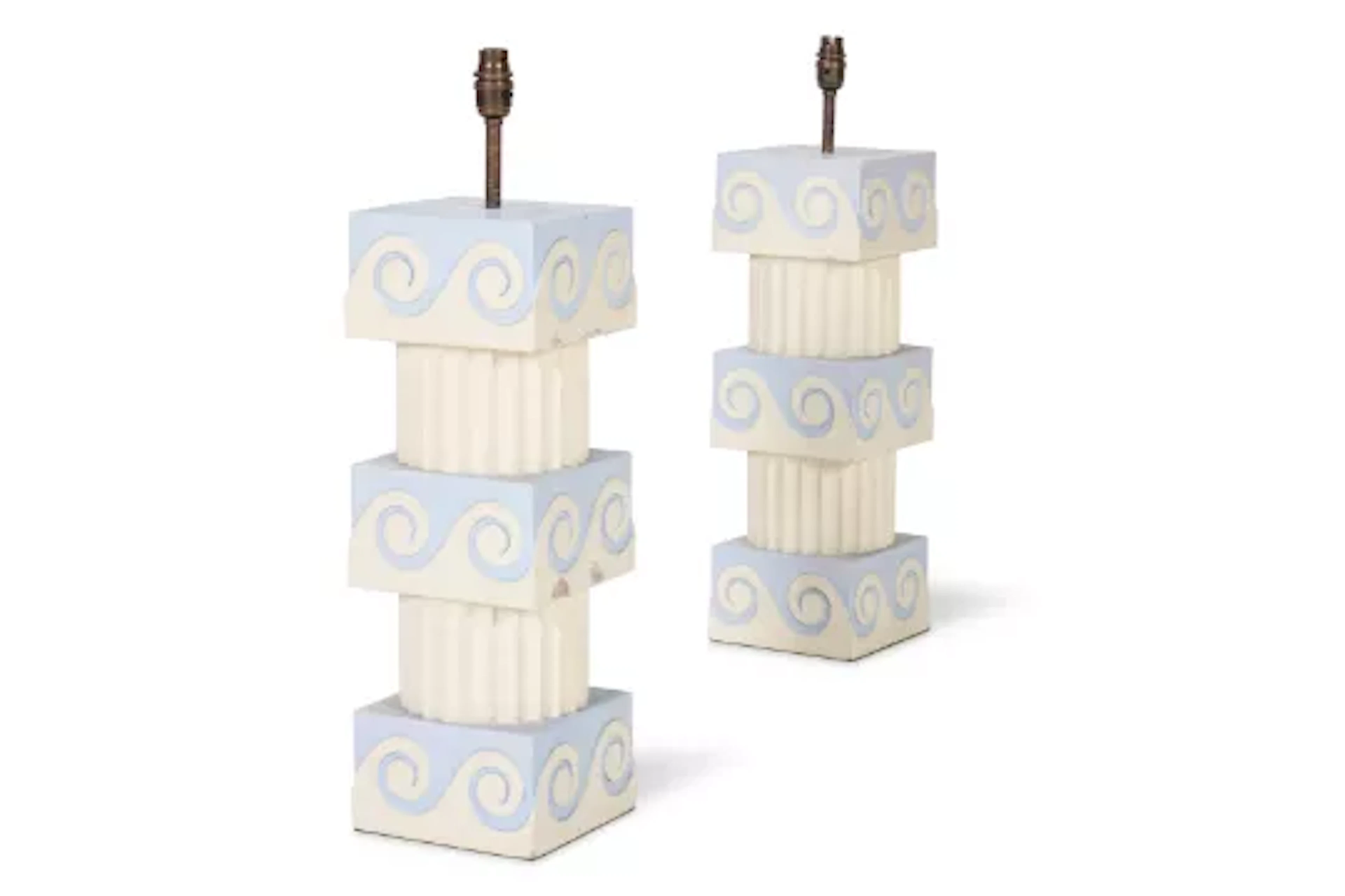 A PAIR OF BLUE AND WHITE PAINTED COLUMN TABLE LAMPS, BY ANDREW ALLFREE (B.1956)