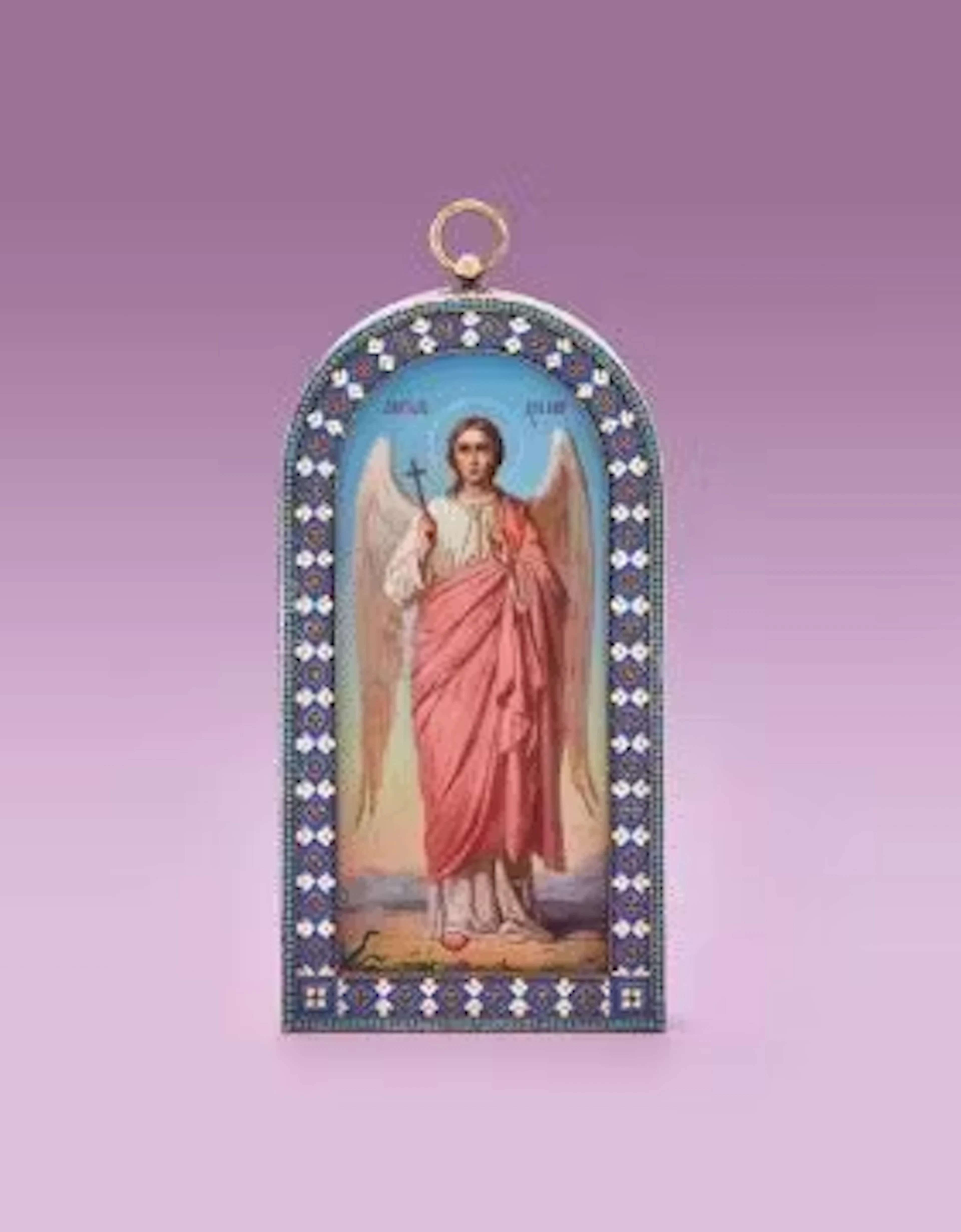 A RUSSIAN ICON OF THE GUARDIAN ANGEL IN A CLOISONNÉ ENAMEL FRAME