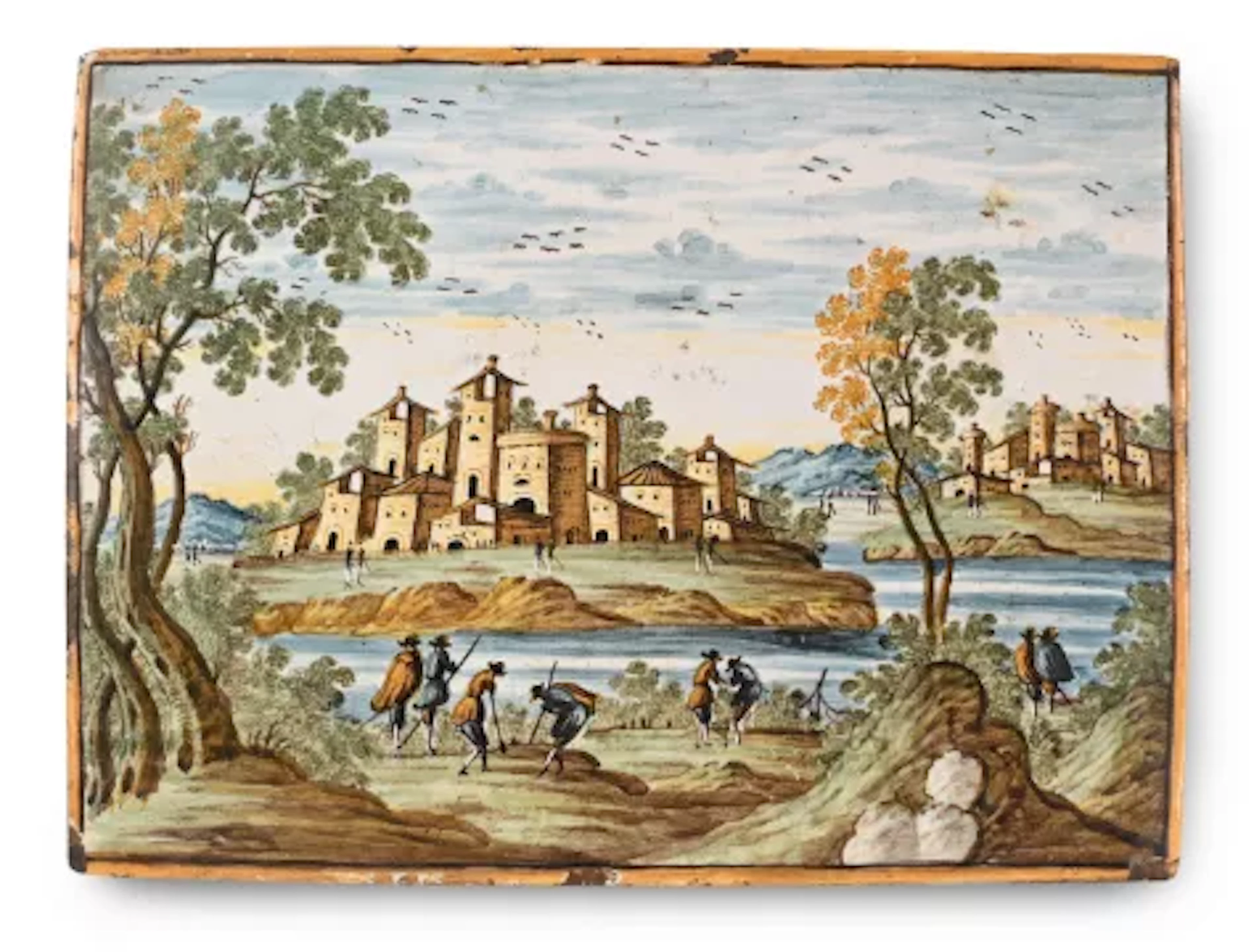 A CASTELLI POLYCHROME RECTANGULAR PLAQUE DEPICTING RUINS IN A LANDSCAPE
