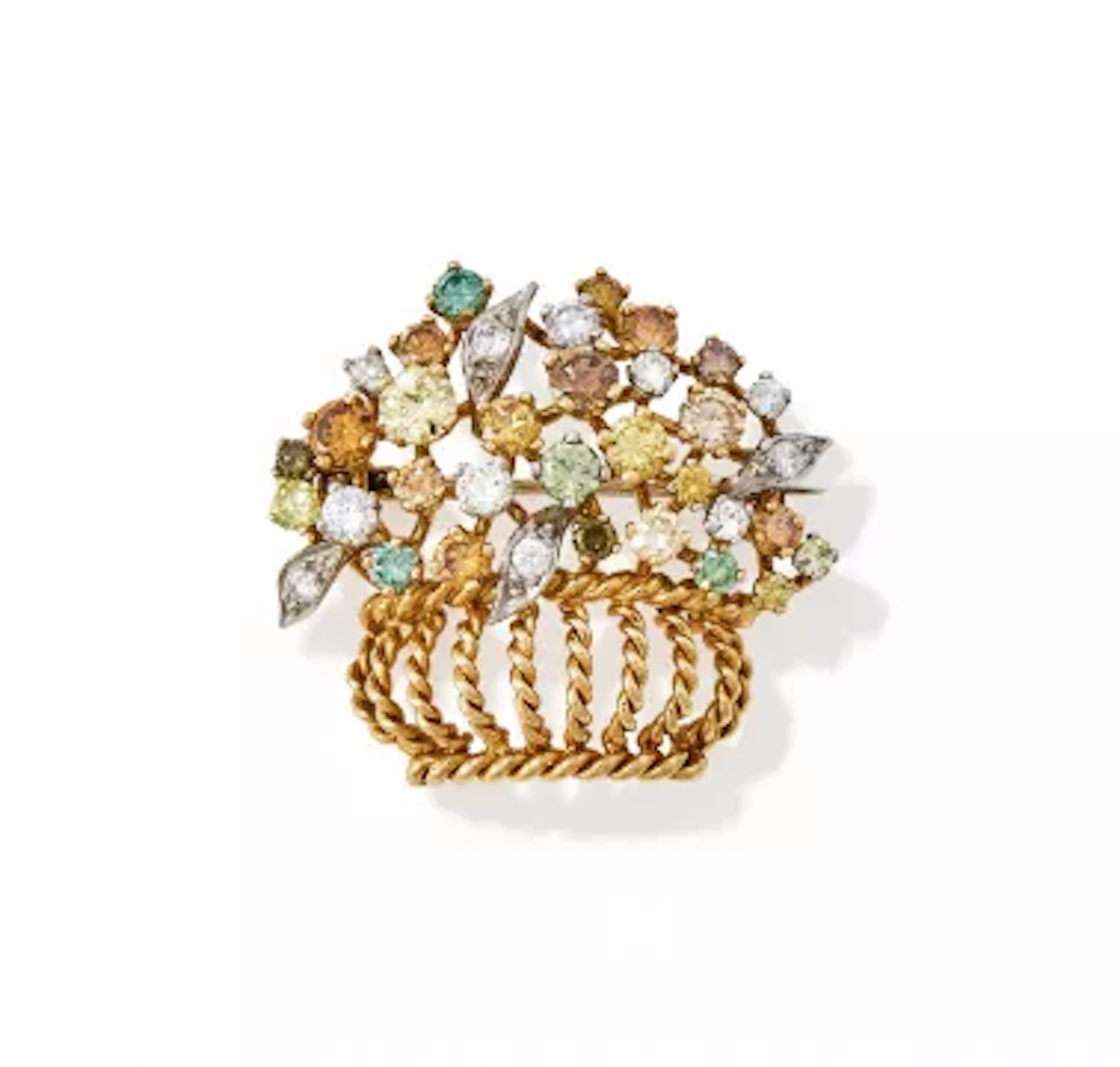 A DIAMOND AND COLOURED DIAMOND FLOWER BASKET BROOCH