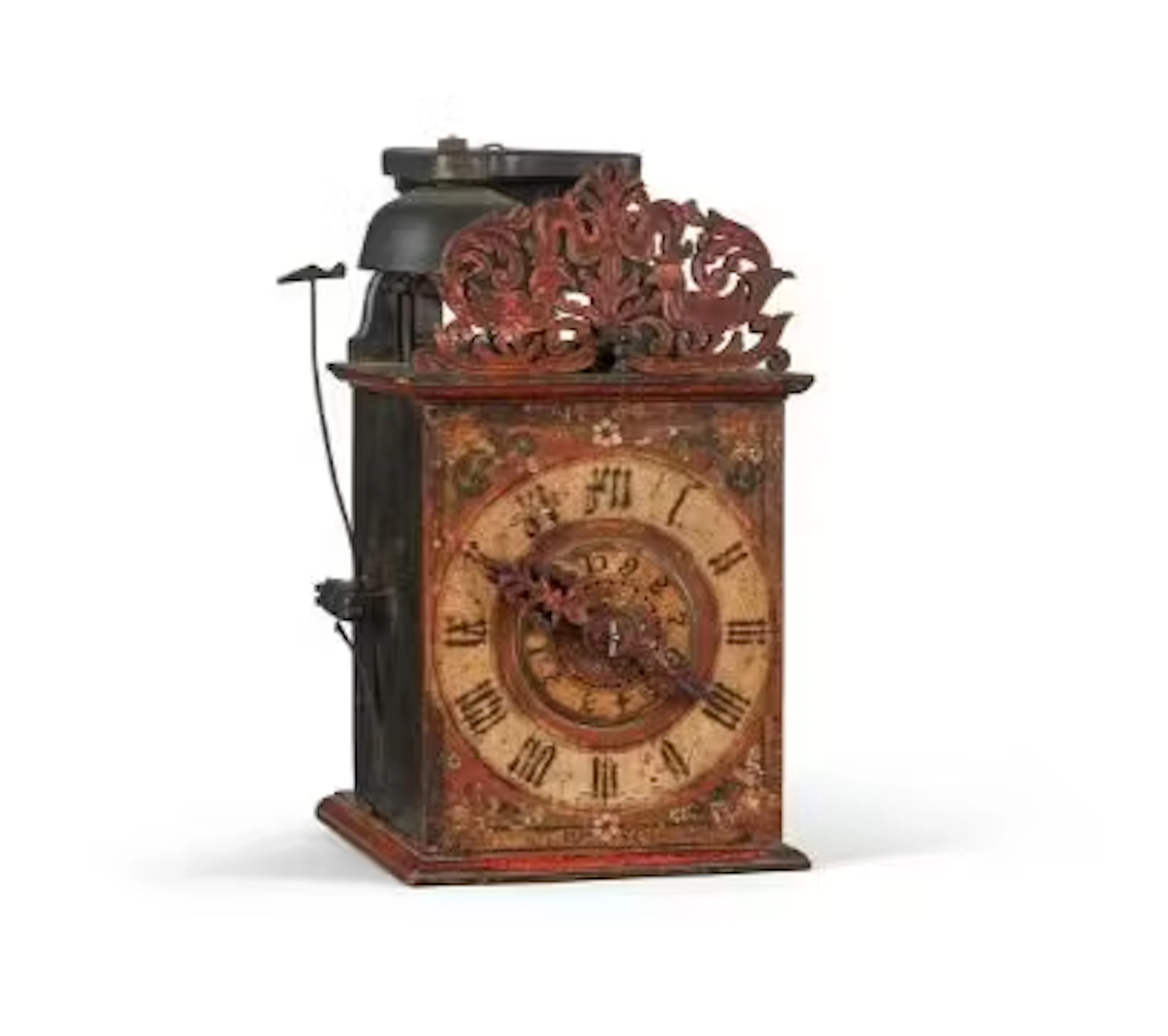 A FINE AND RARE SWISS POLYCHROME PAINTED WEIGHT-DRIVEN WOODEN CHAMBER