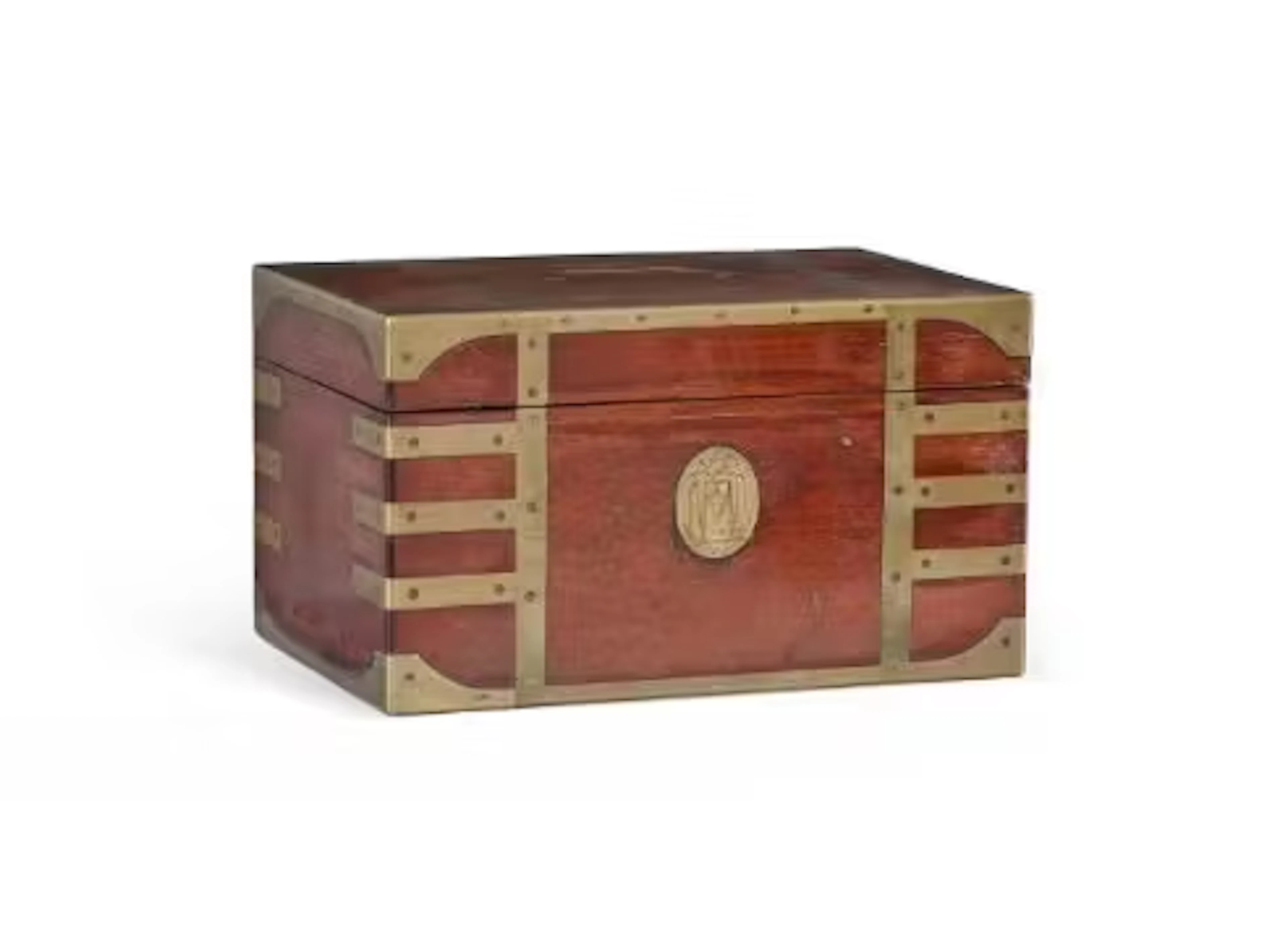 A GEORGE III BRASS BOUND MAHOGANY SMALL CAMPAIGN STRONGBOX