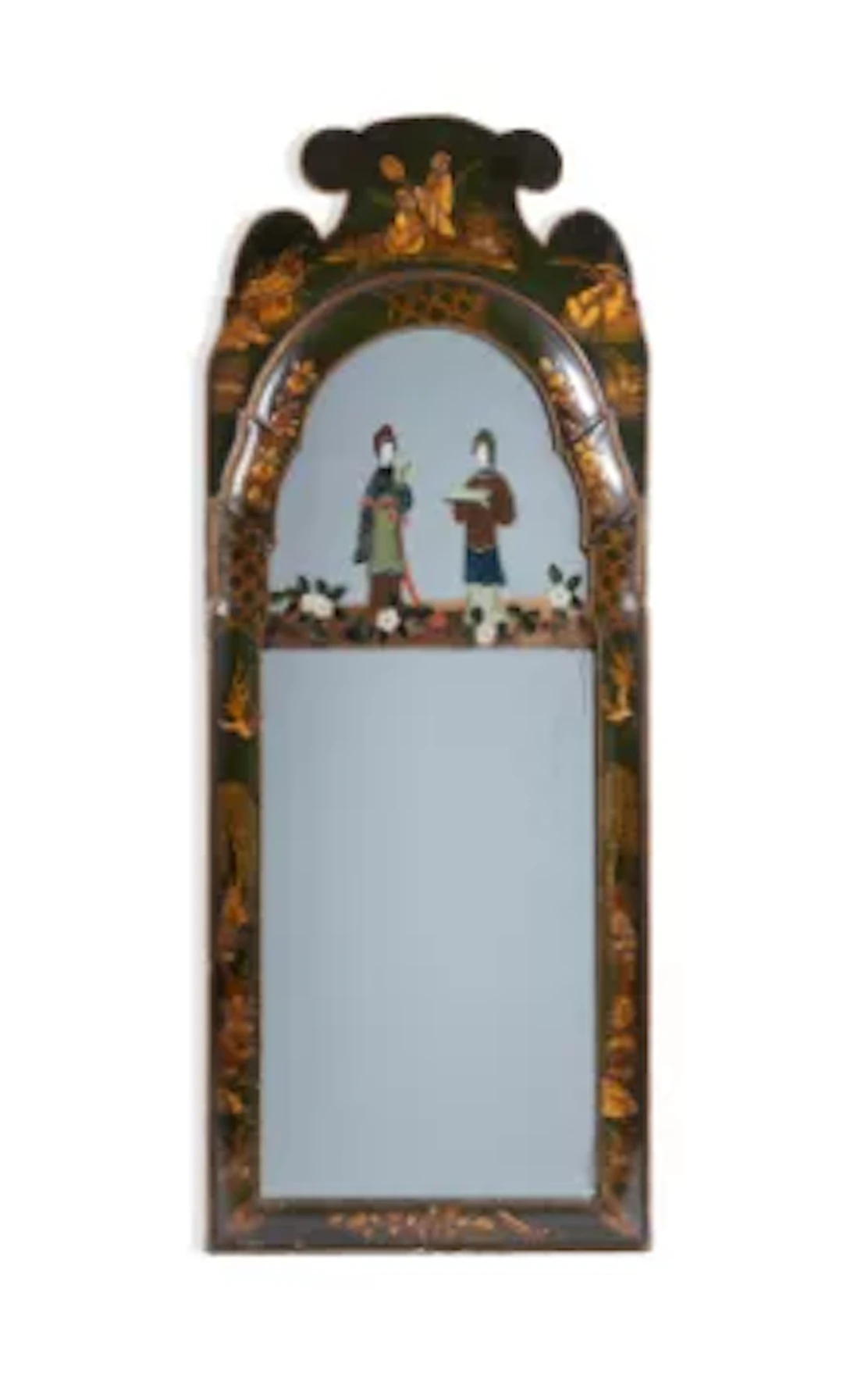 A GREEN LACQUER WALL MIRROR, IN QUEEN ANNE STYLE, 18TH CENTURY AND LATER
