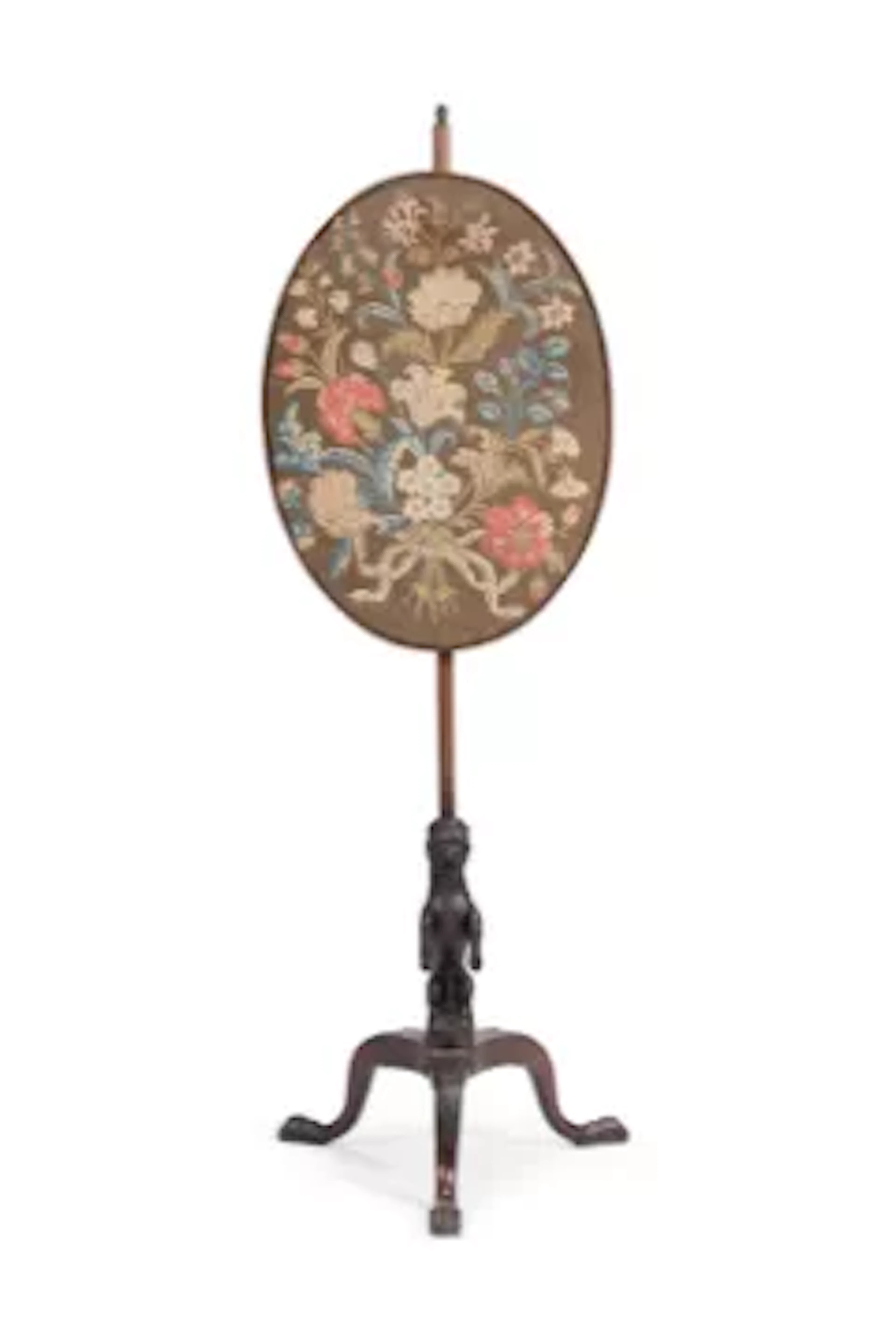 A GEORGE II CARVED MAHOGANY AND NEEDLEWORK MOUNTED POLE SCREEN, IRISH