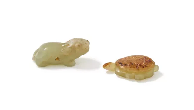 Two small Chinese celadon jade animals, Ming Dynasty