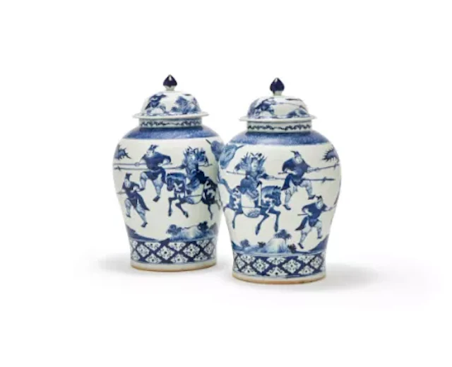 † A pair of Chinese blue and white vases and covers, Late 19th century