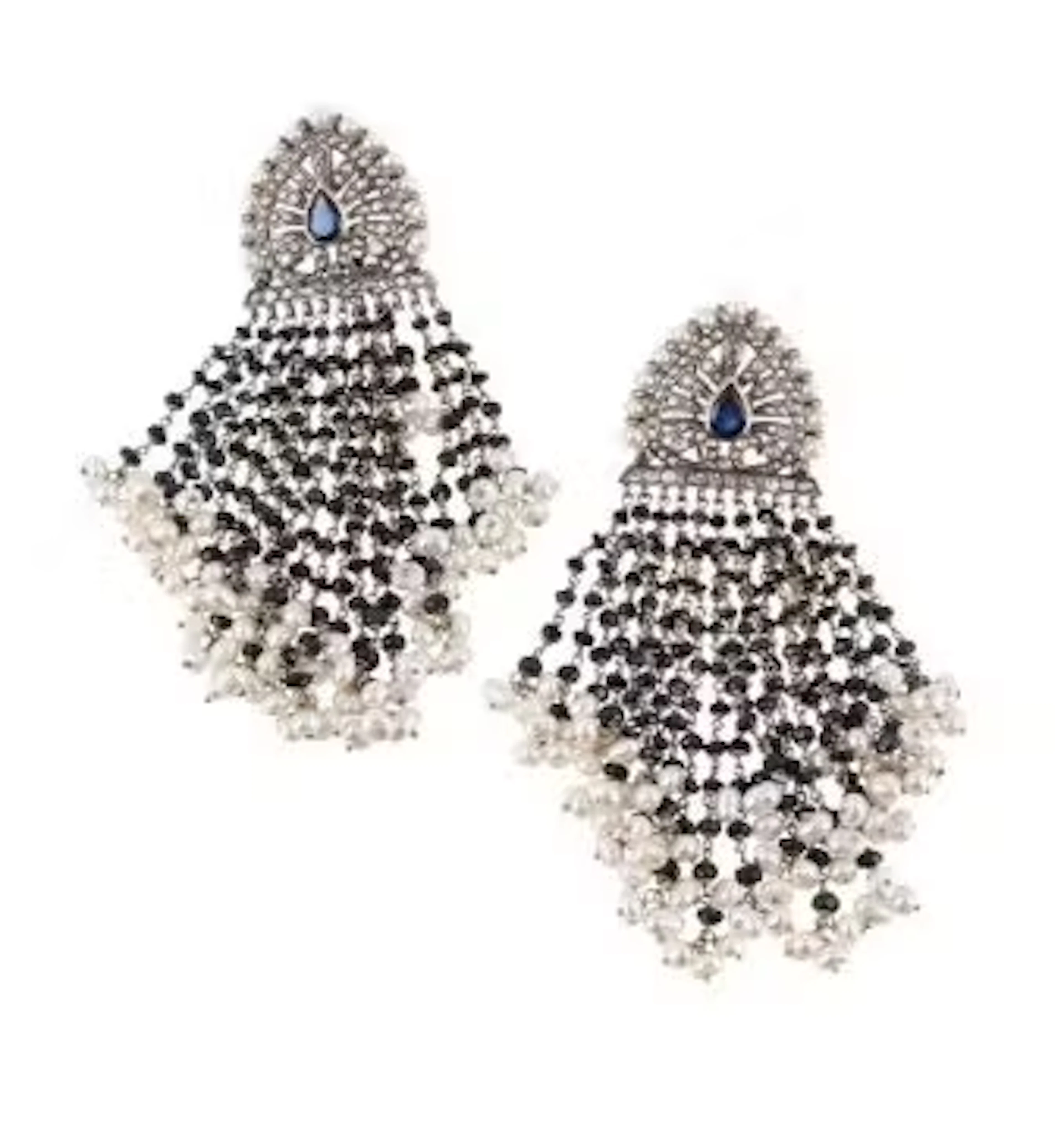 A PAIR OF SAPPHIRE, DIAMOND AND FRESHWATER CULTURED PEARL FRINGE EARRINGS