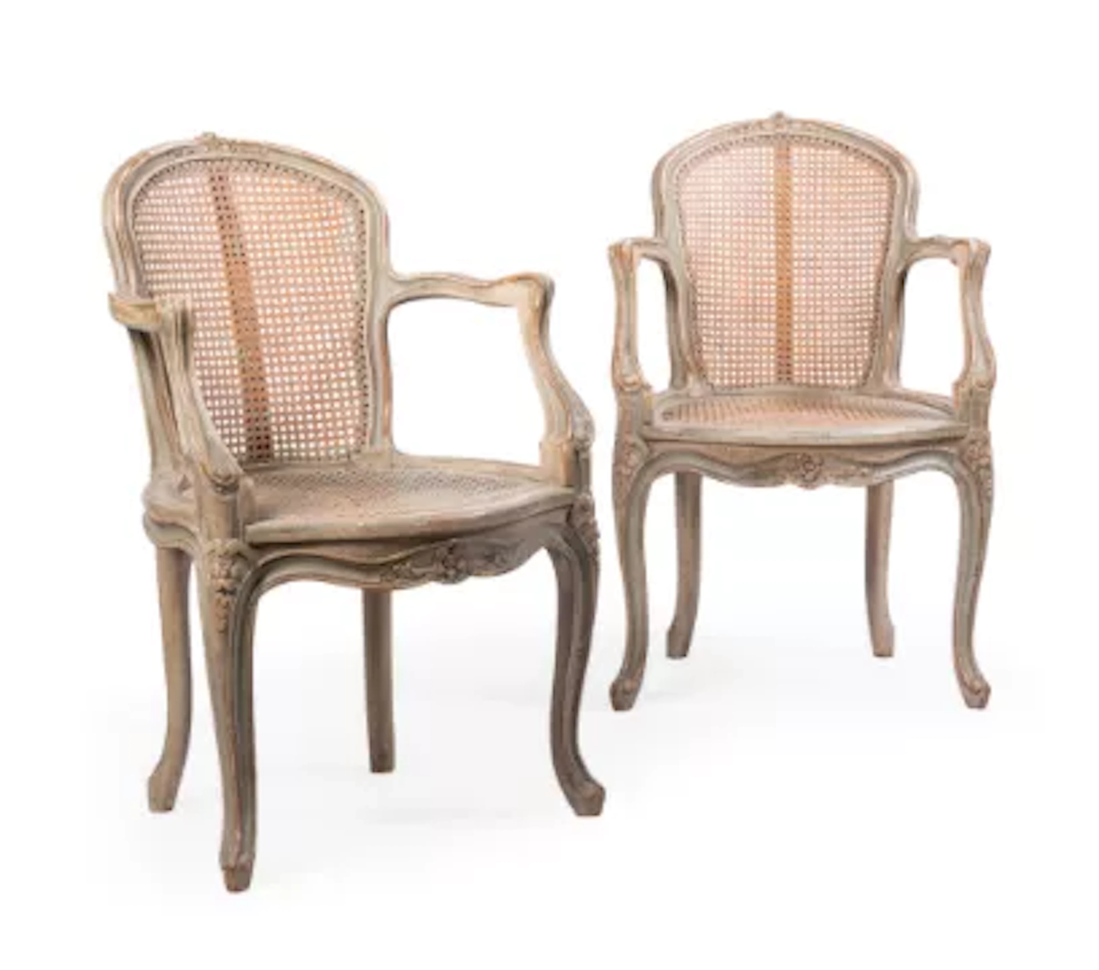 A PAIR OF FRENCH GREY PAINTED AND CANE-WORK OPEN ARMCHAIRS, LATE 18TH