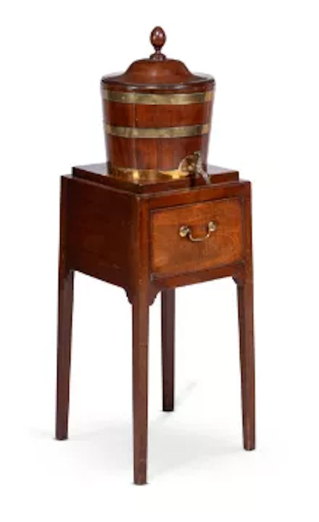 A GEORGE III MAHOGANY AND BRASS BOUND WINE COOLER ON STAND, CIRCA 1780