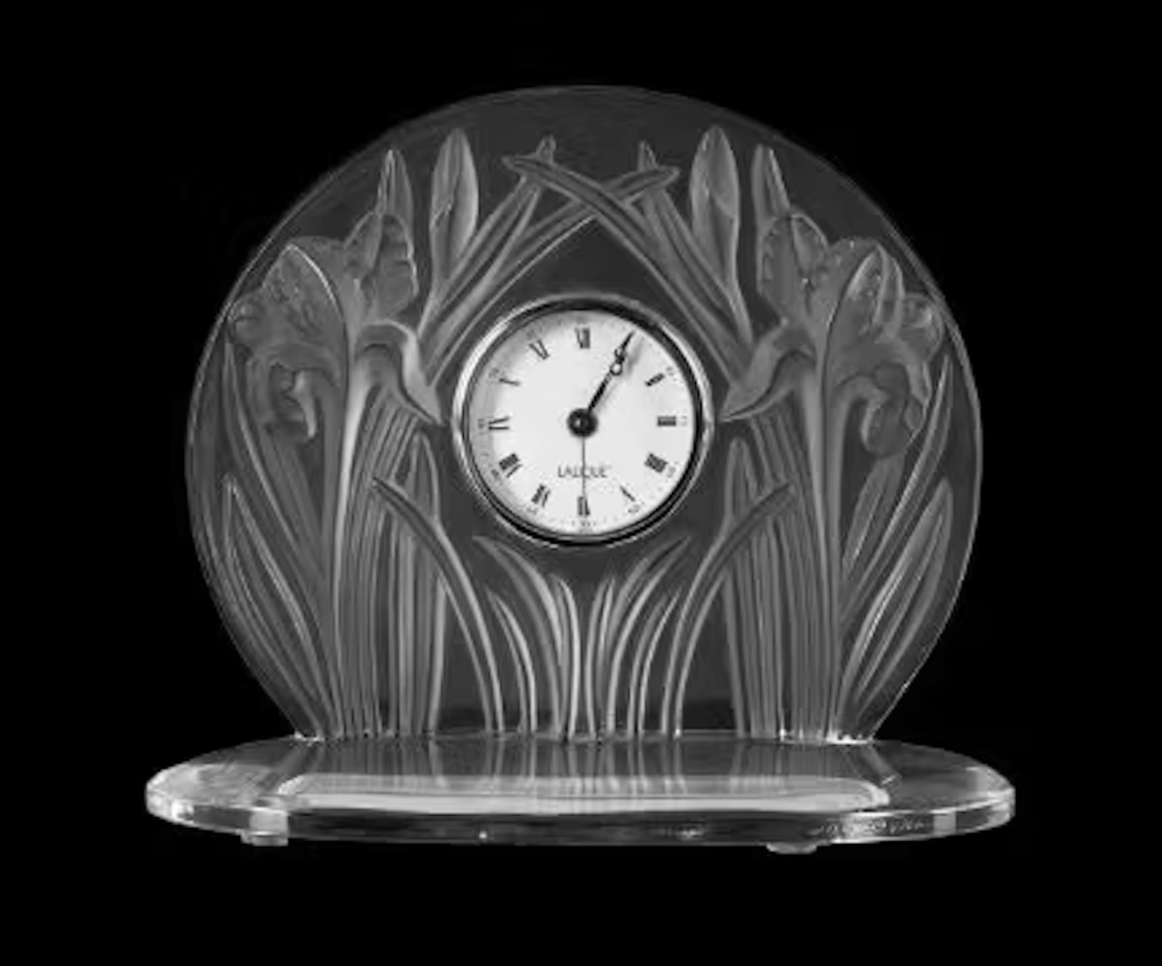 LALIQUE, 'IRIS' TABLE CLOCK; LATE 20TH/EARLY 21ST CENTURY