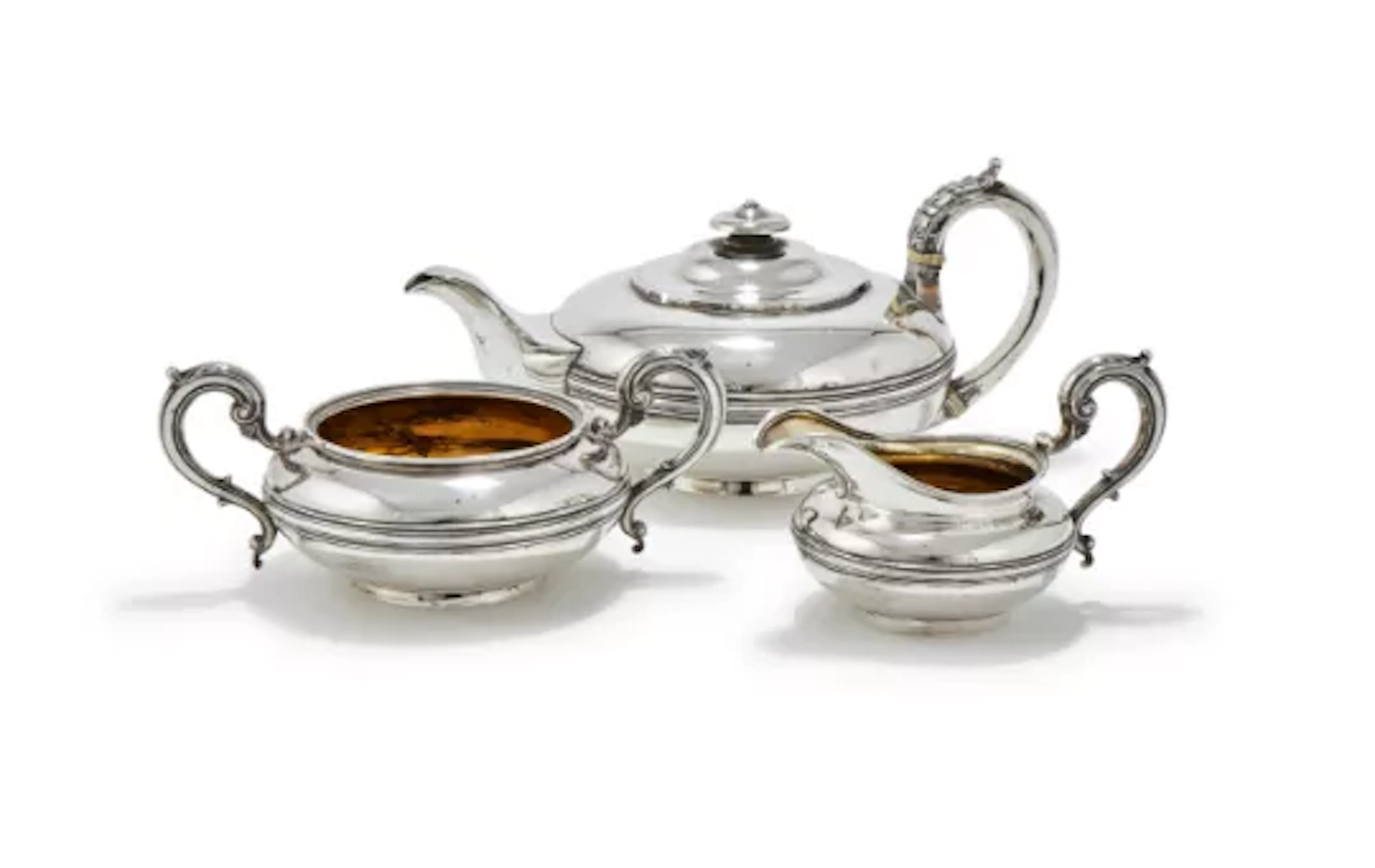 Y A GEORGE IV SILVER THREE PIECE CIRCULAR TEA SET, REBECCA EMES &