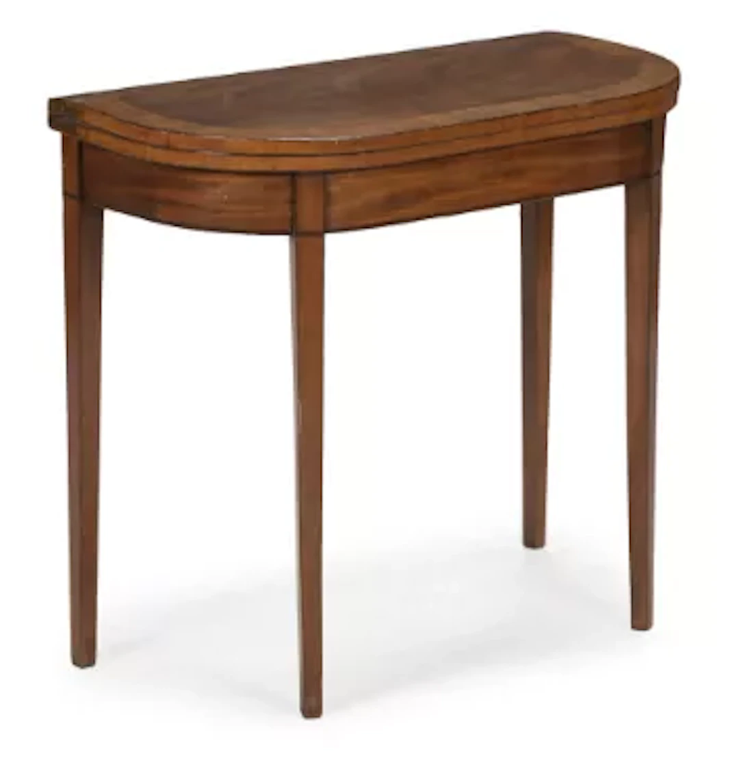 A GEORGE III MAHOGANY AND CROSSBANDED FOLD OVER CARD TABLE, CIRCA 1800