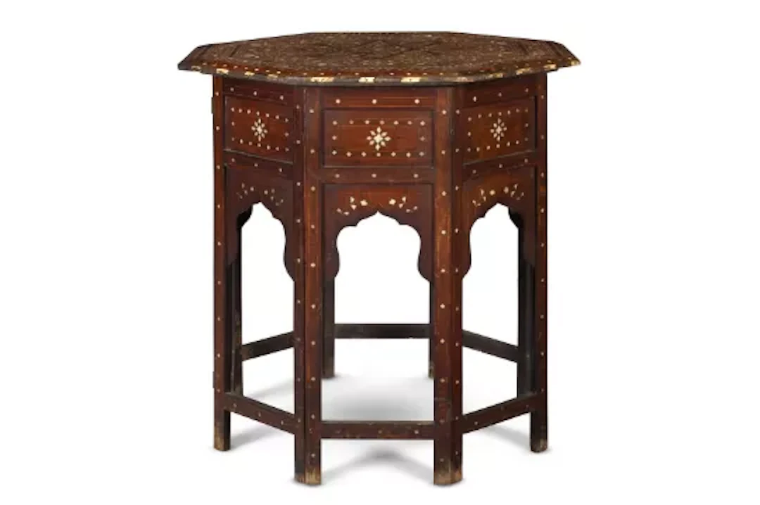A BONE INLAID HARDWOOD OCTAGONAL TABLE, NORTH INDIAN, 19TH CENTURY