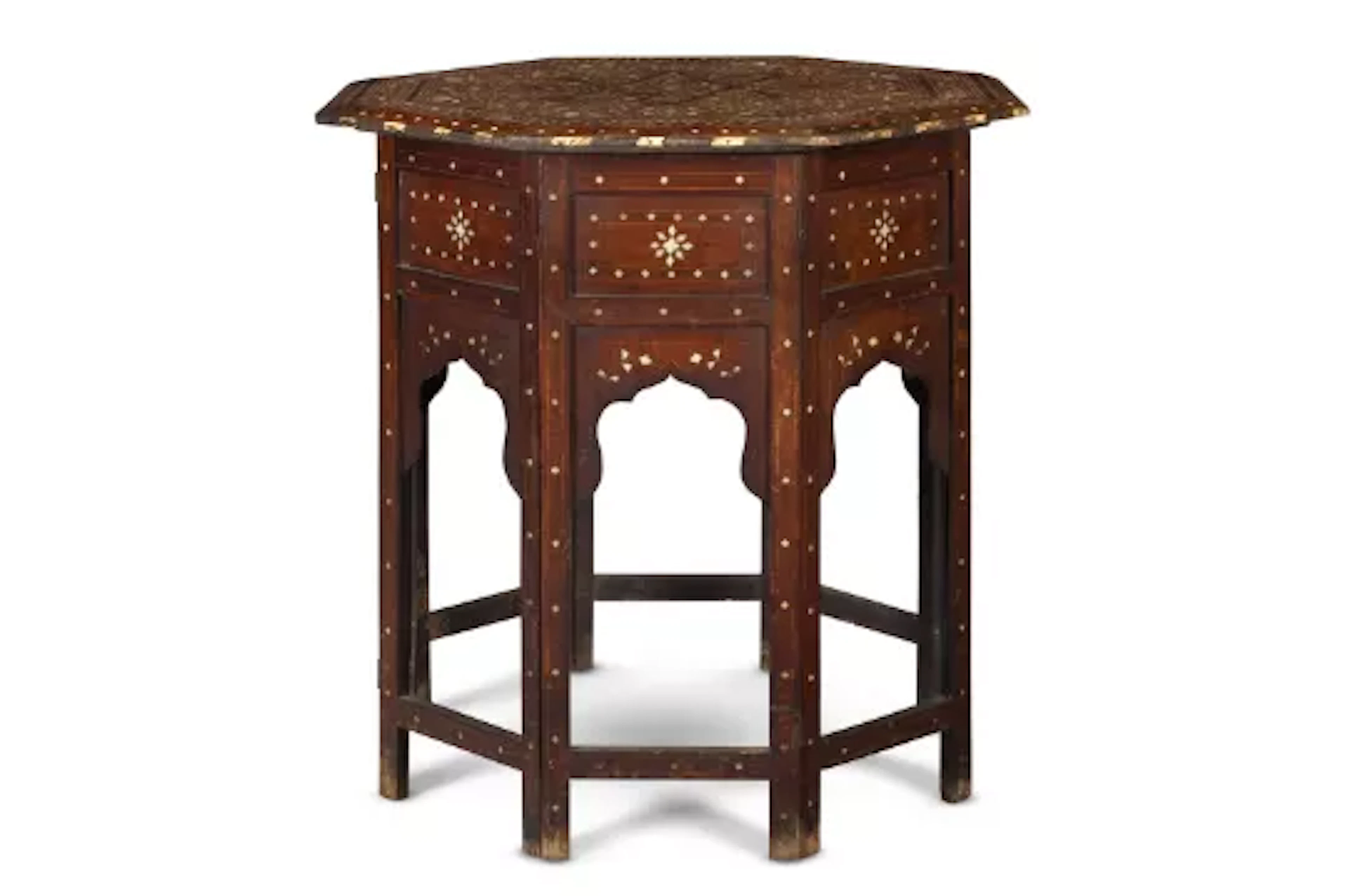 A BONE INLAID HARDWOOD OCTAGONAL TABLE, NORTH INDIAN, 19TH CENTURY