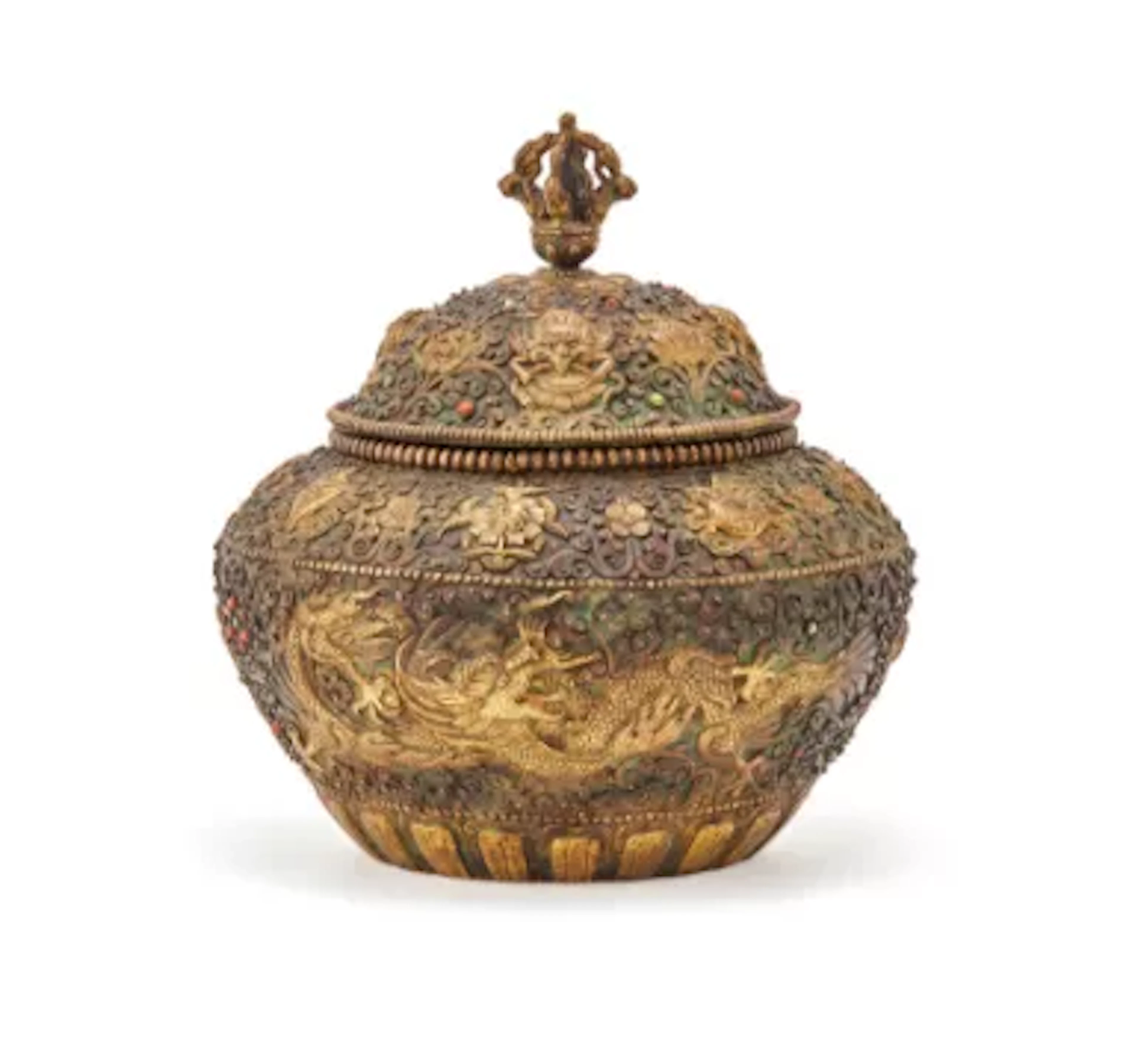 A Tibetan repousse and parcel-gilt 'dragon' jar, 19th century