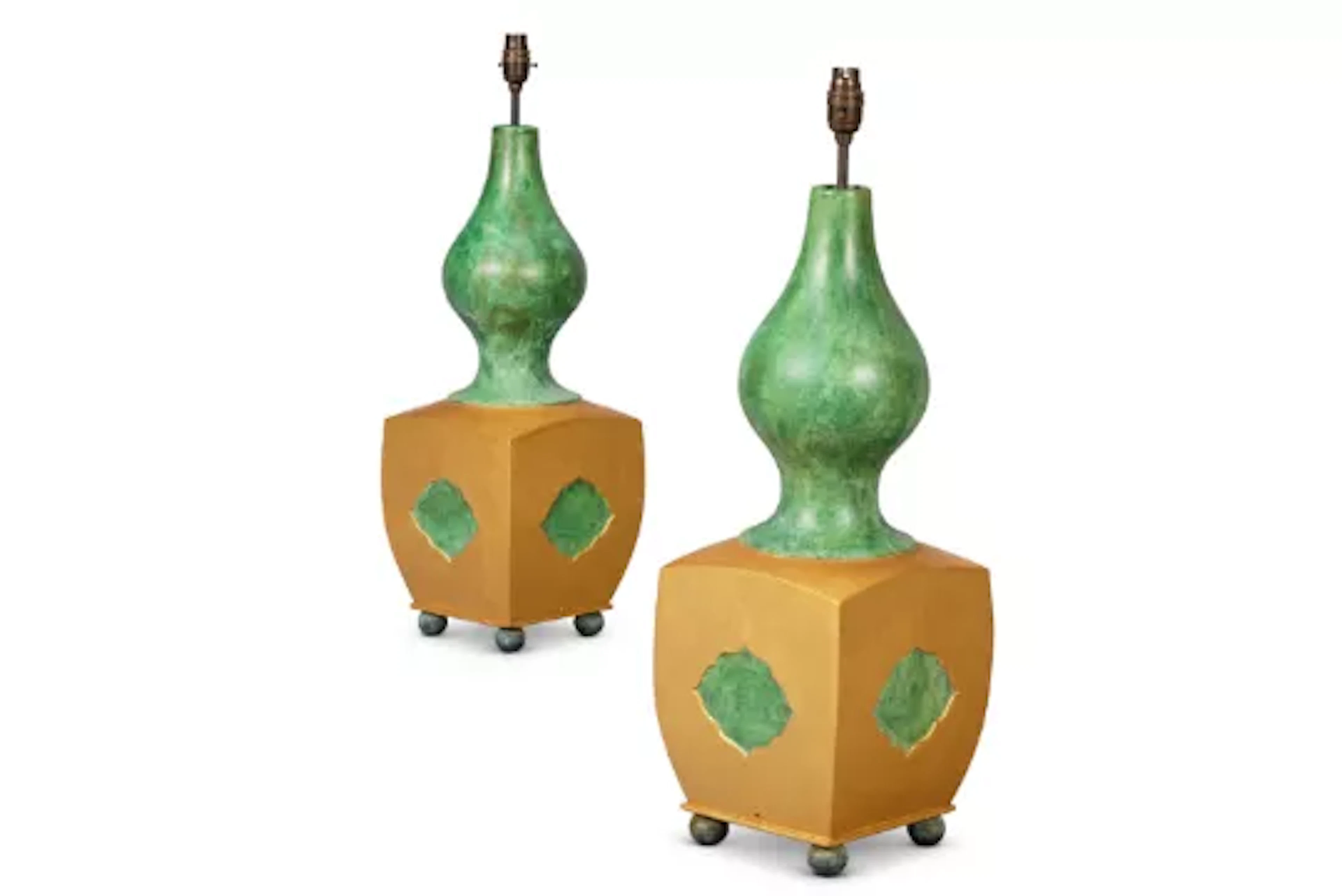 A PAIR OF GREEN AND GILT PAINTED WOOD CHINESE STYLE TABLE LAMPS, BY