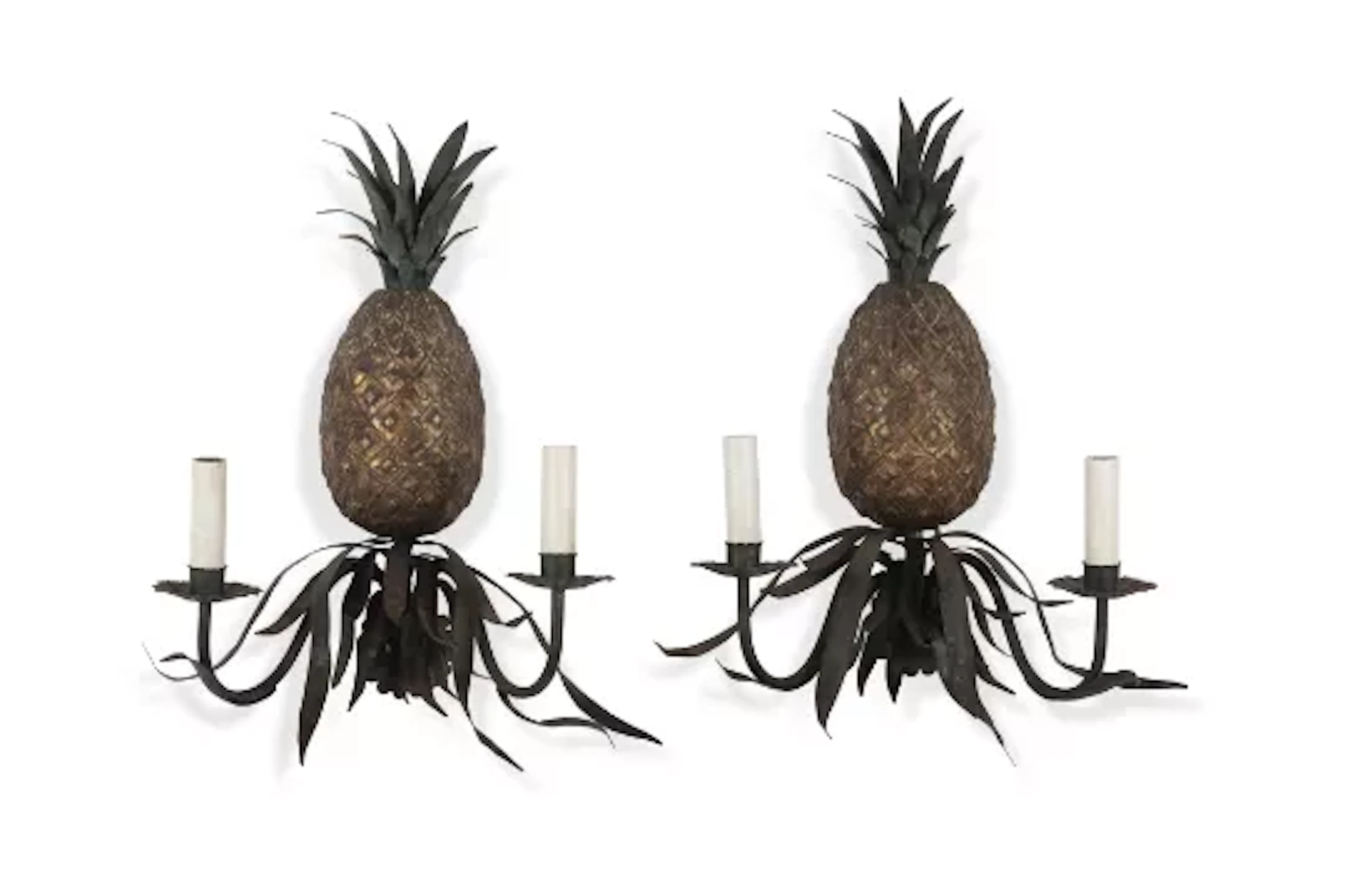 A PAIR OF POLYCHROME PAINTED TOLE PINEAPPLE PATTERN TWO BRANCH WALL