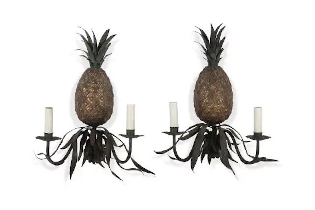 A PAIR OF POLYCHROME PAINTED TOLE PINEAPPLE PATTERN TWO BRANCH WALL