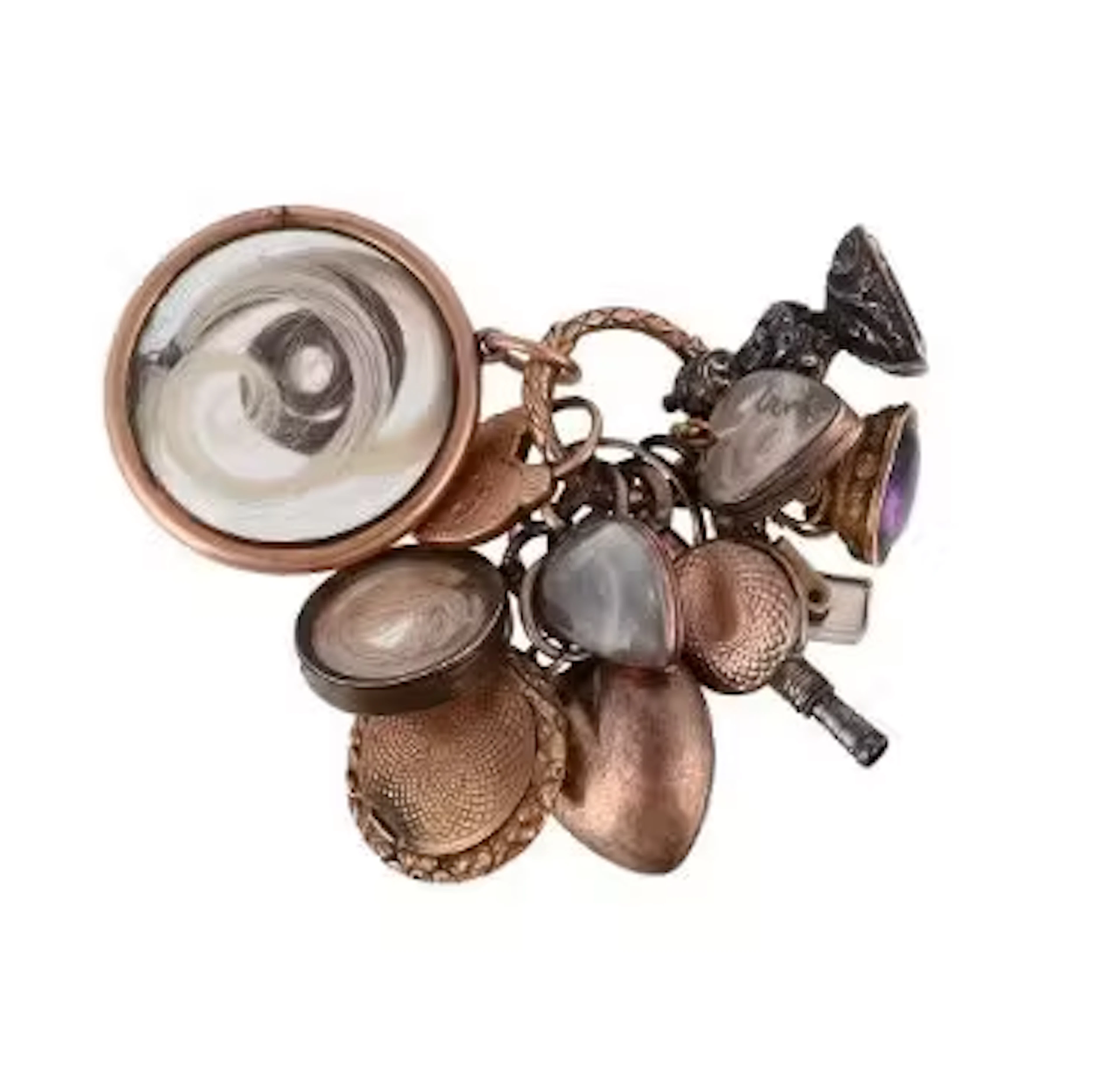 A COLLECTION OF 18TH AND 19TH CENTURY FOBS AND LOCKETS ON A SERPENT SPLIT RING
