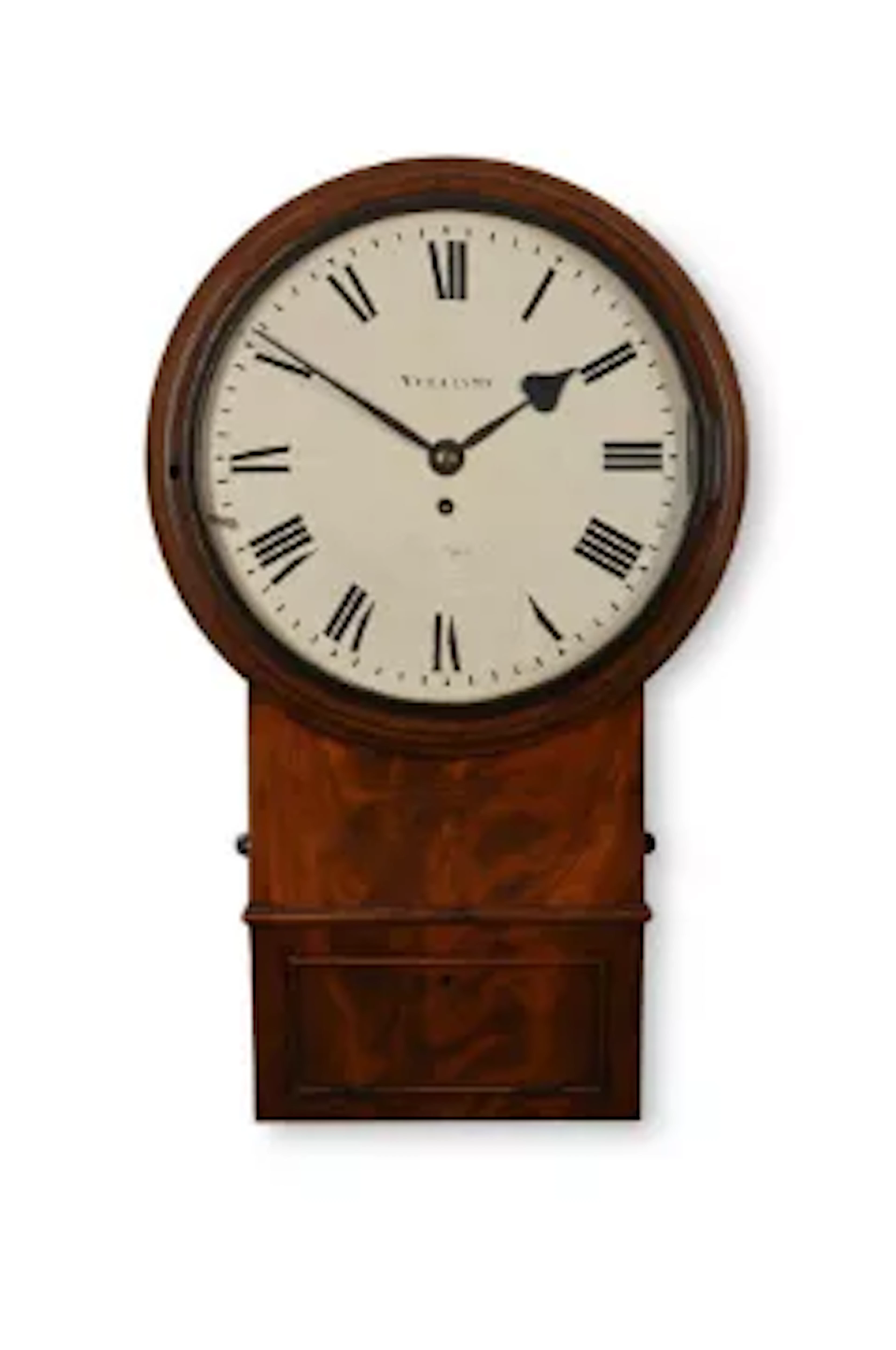 A FINE EARLY VICTORIAN WOODEN-DIALLED DROP-DIAL FUSEE WALL TIMEPIECE