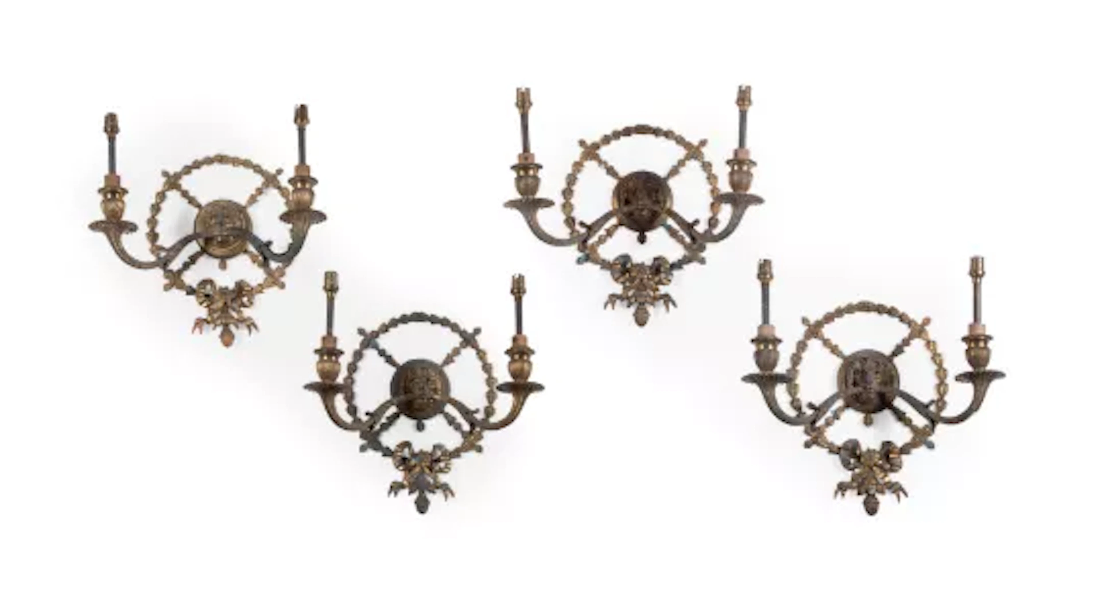 A SET OF FOUR REGENCY GILT BRONZE WALL LIGHTS, EARLY 19TH CENTURY