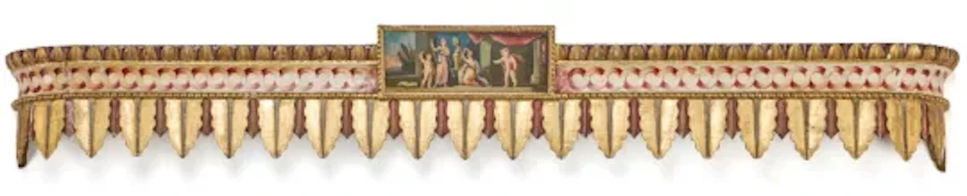 A GEORGE III GILTWOOD AND POLYCHROME PAINTED PELMET, THIRD QUARTER