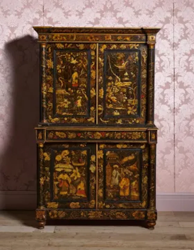 A FINE REGENCY POLYCHROME DECORATED CABINET, CIRCA 1815
