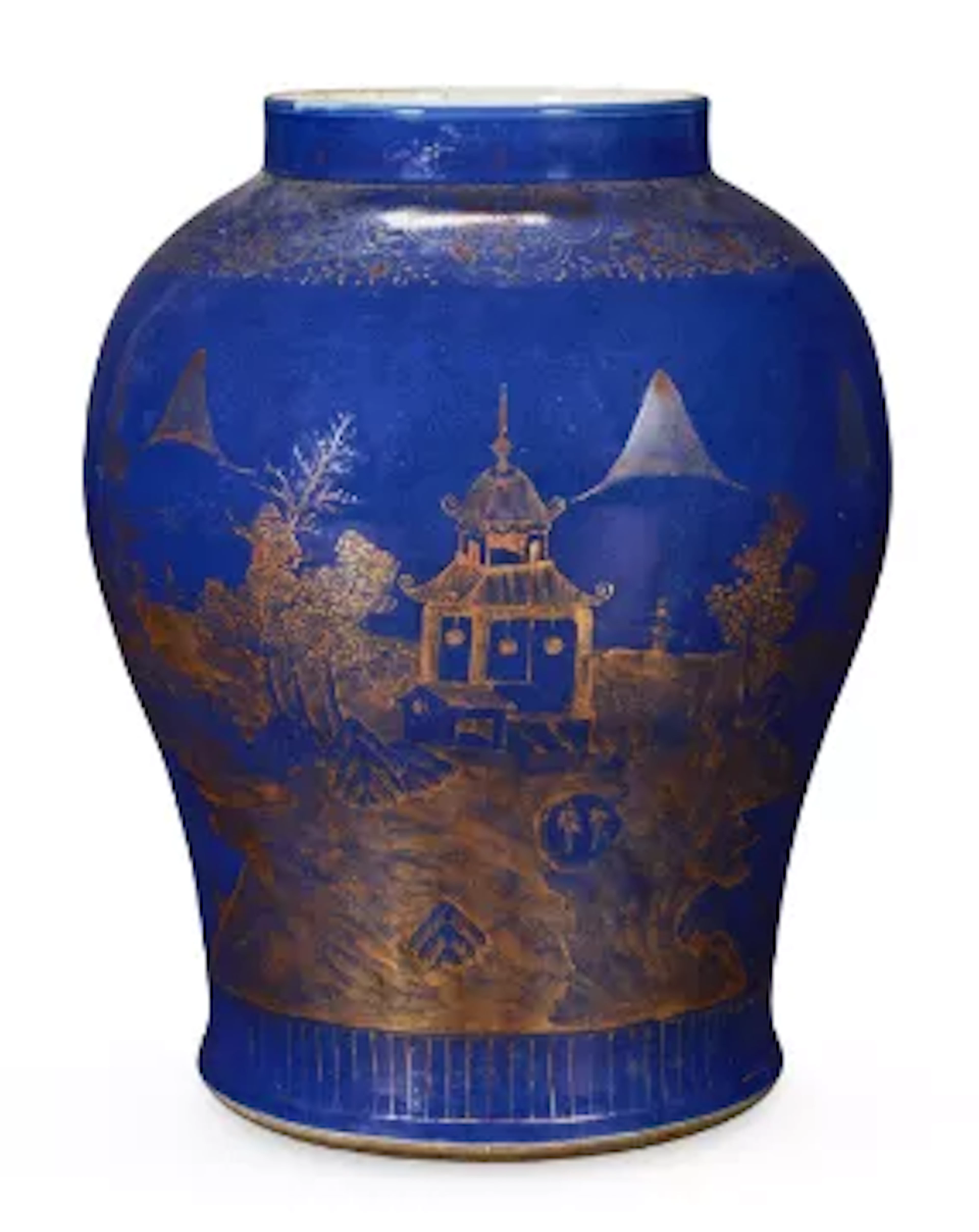 ‡ A LARGE CHINESE POWDER BLUE AND GILT 'TEMPLE' JAR, LATE 18TH OR