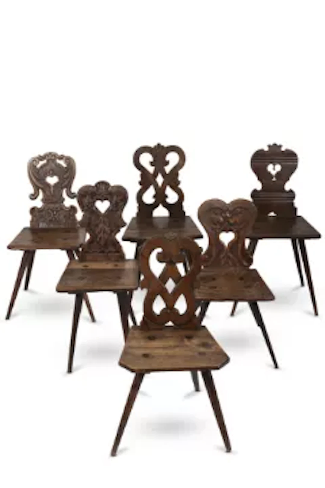 A HARLEQUIN SET OF SIX PINE, ELM AND OAK CHAIRS, SWISS, LATE 18TH/19TH CENTURY