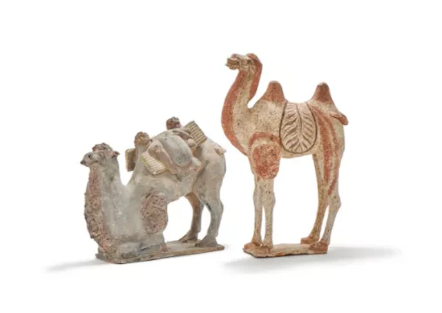 A Chinese pottery model of a kneeling camel, Presumed Tang dynasty (618-907 AD)