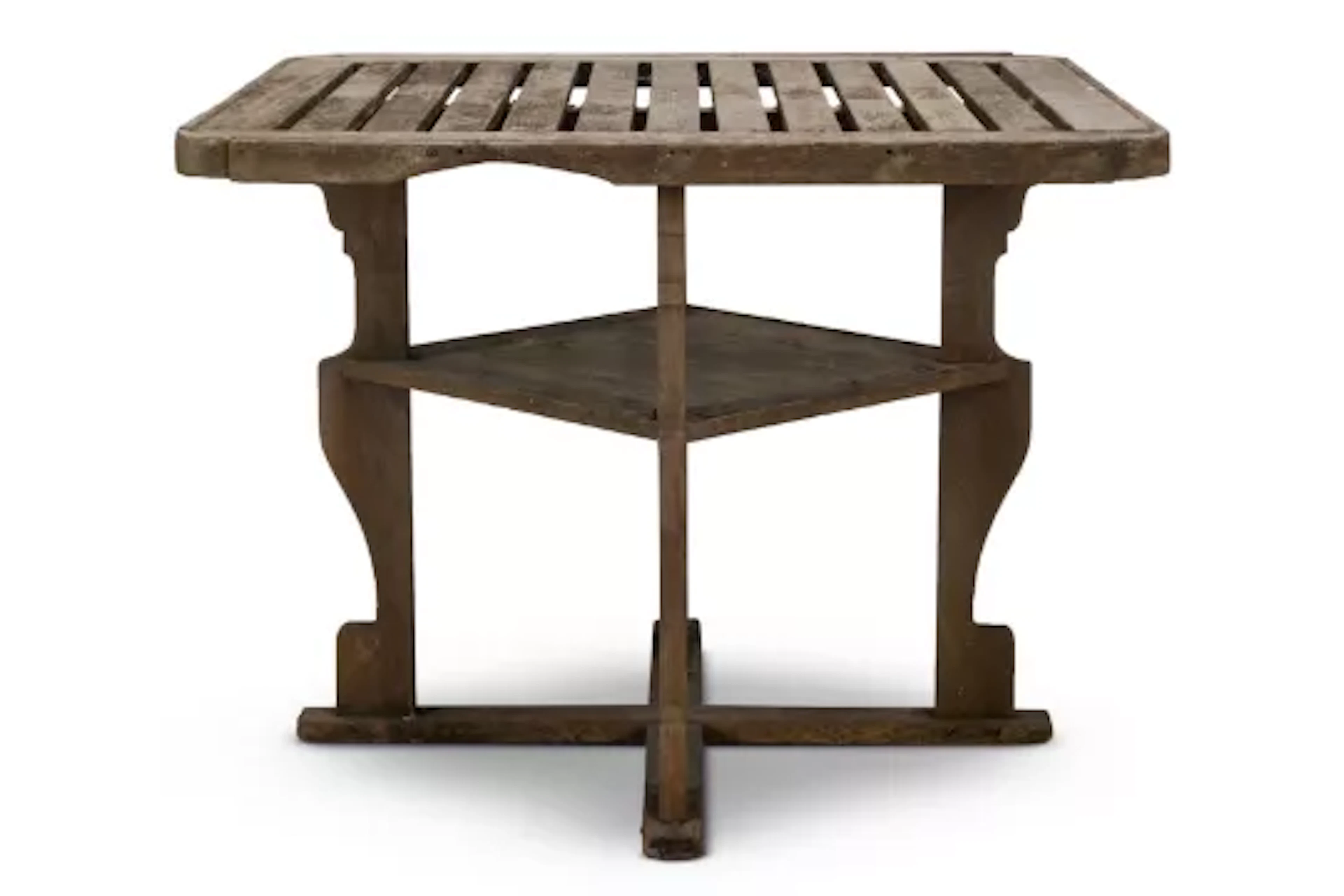 A HEALS SQUARE TOPPED, WEATHERED TEAK GARDEN TABLE, CIRCA 1910