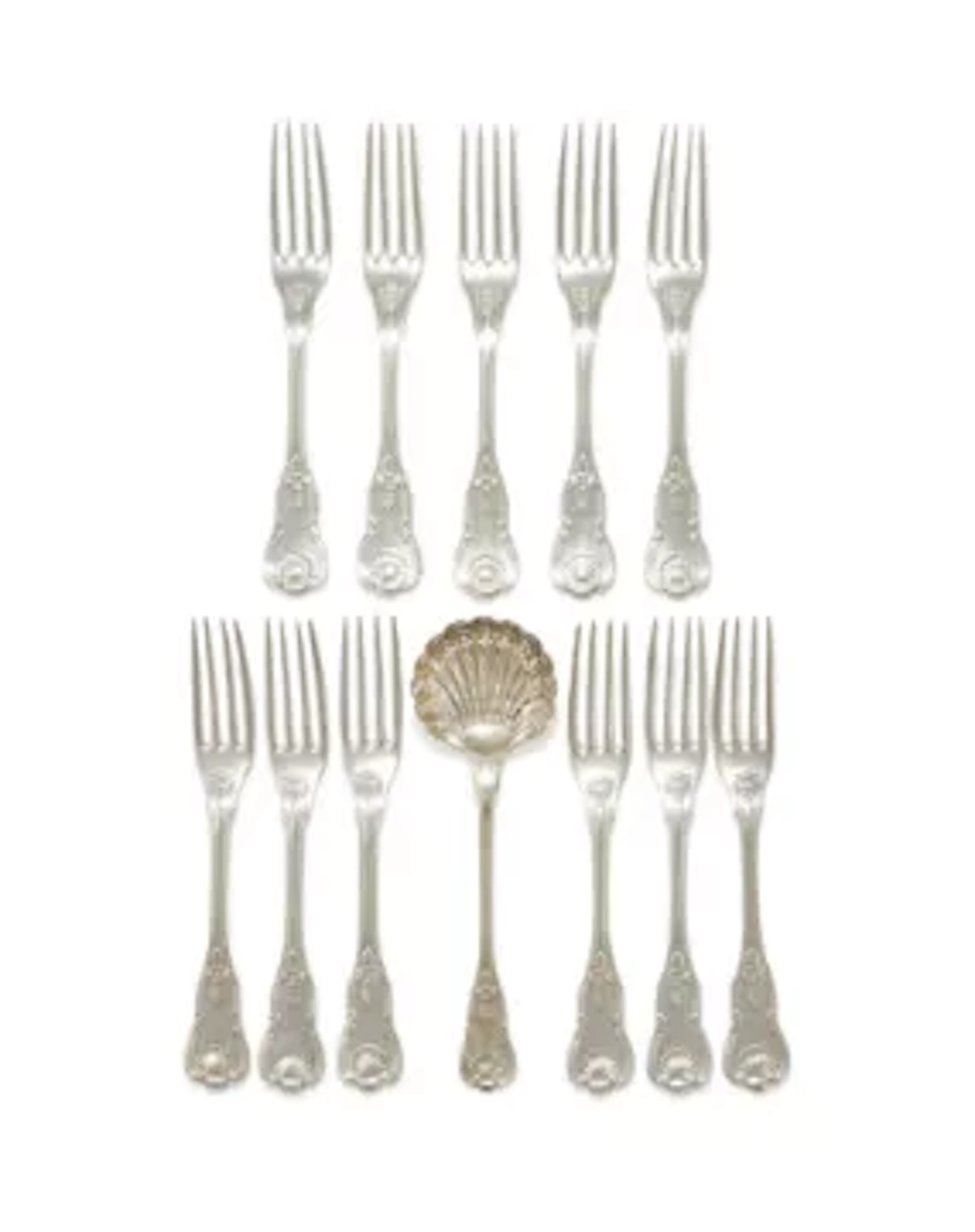A SET OF ELEVEN FRENCH SILVER KING'S PATTERN TABLE FORKS AND A SIFTING