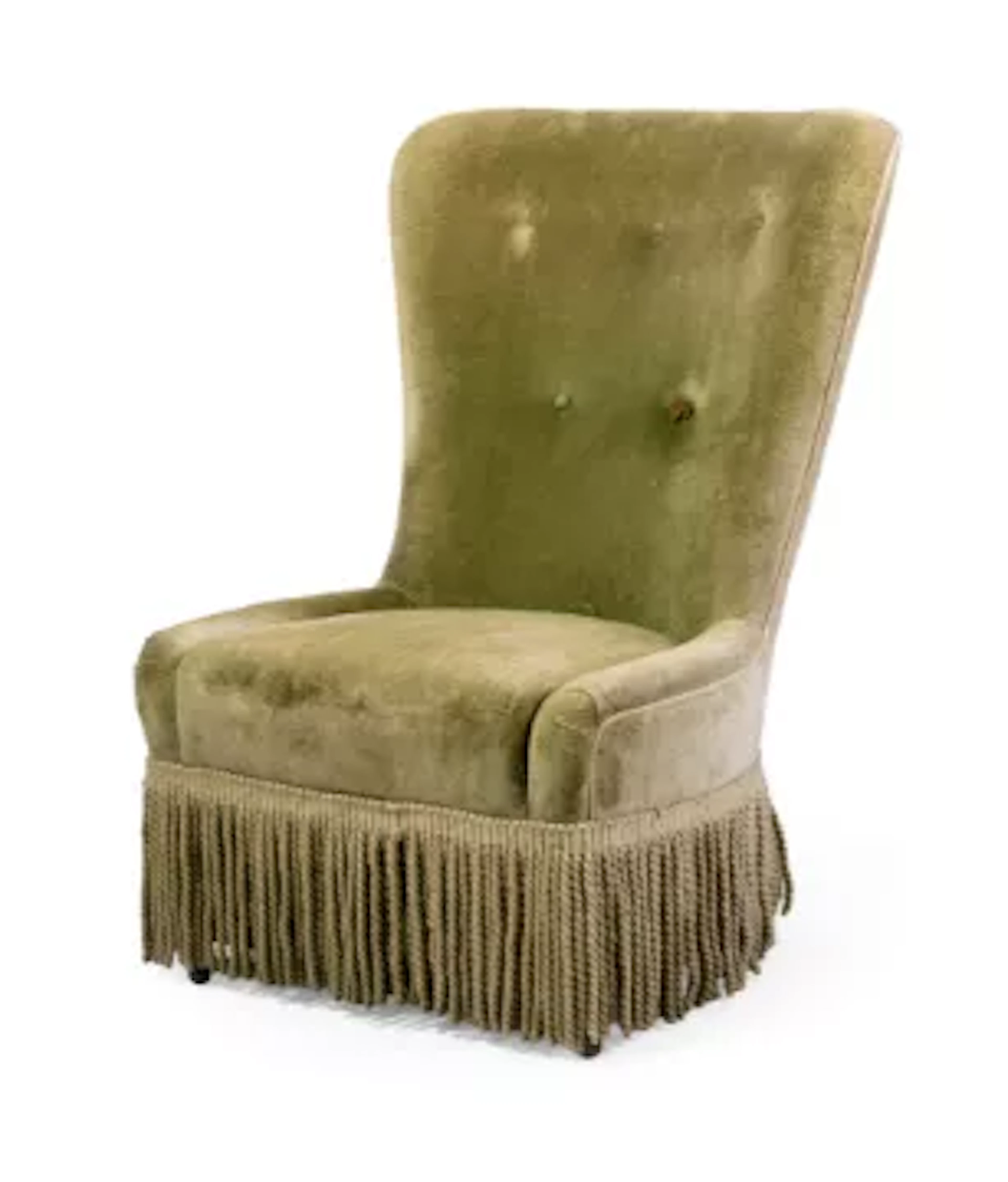 A GREEN VELVET BUTTON BACK ‘FRIARS’ CHAIR, BY SIBYL COLEFAX & JOHN